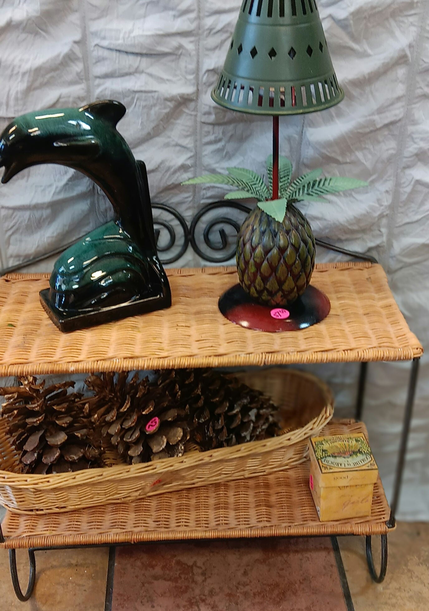 2 tier wicker and metal hanging shelf 15x18x9 image 0