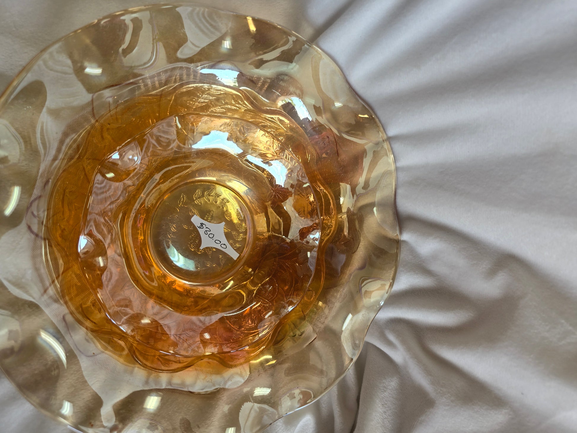 Vintage Jeannette Glass Floragold Louisa pattern Carnival glass serving bowl wit image 4