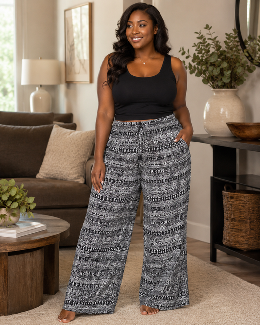 Kim Rogers Women's Pull-On Wide Leg Pants – Size Large – Black & White Geometric Print