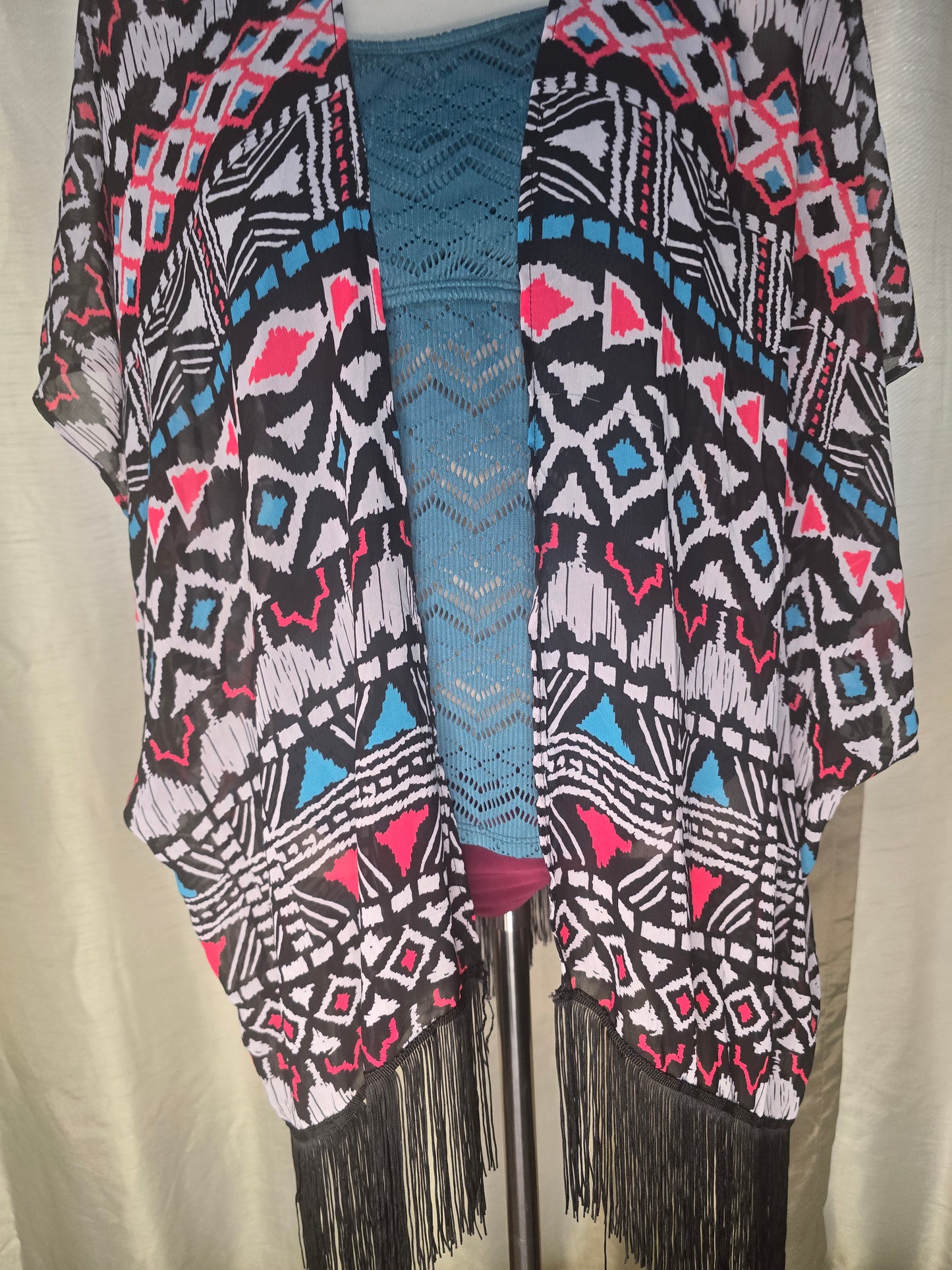 Fringe Geometric Kimono Swim Cover-Up – Black, White, Pink & Blue size M