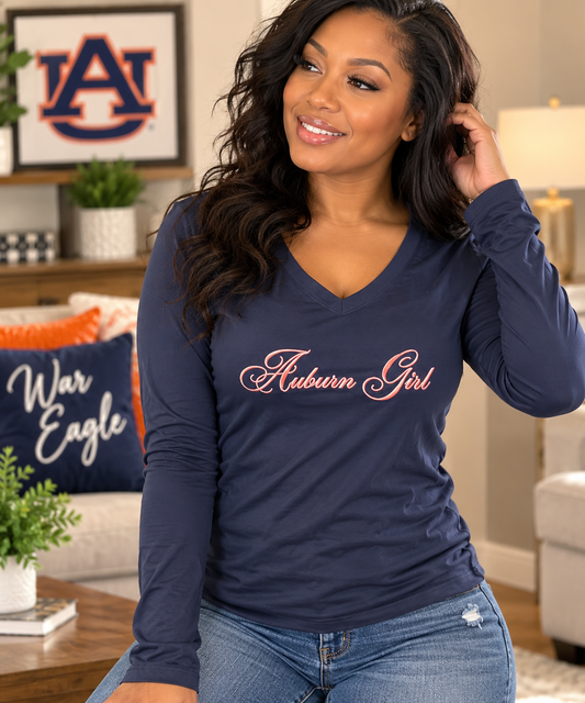 Auburn Tigers Women's XS Long Sleeve V-Neck Shirt Navy Blue Auburn Girl NCAA