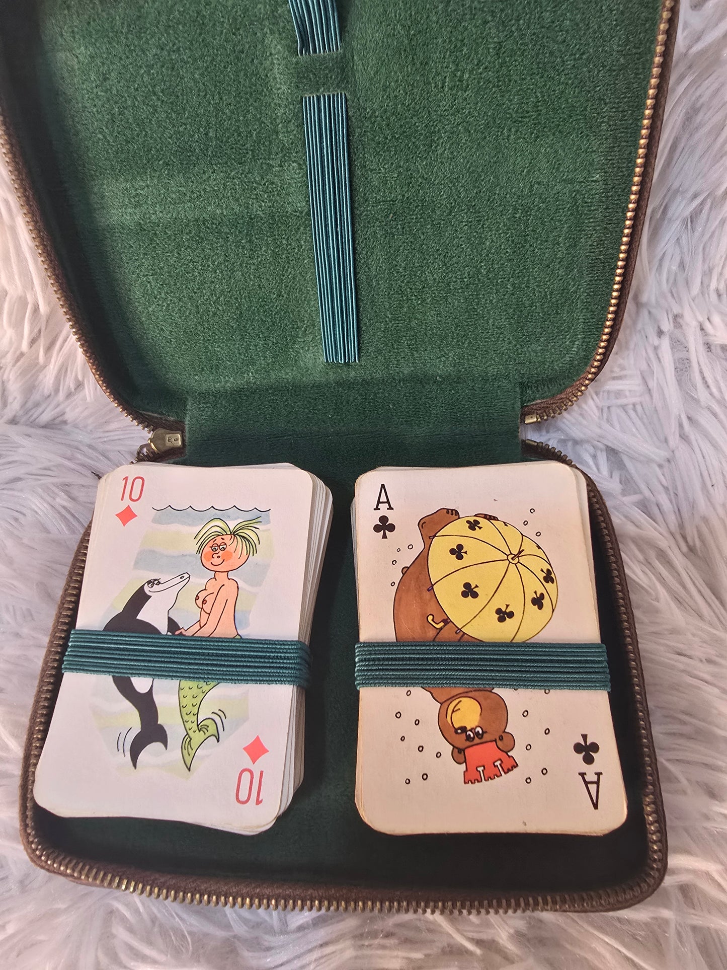 Vintage Bridge Set with Illustrated Playing Cards and Leather Case