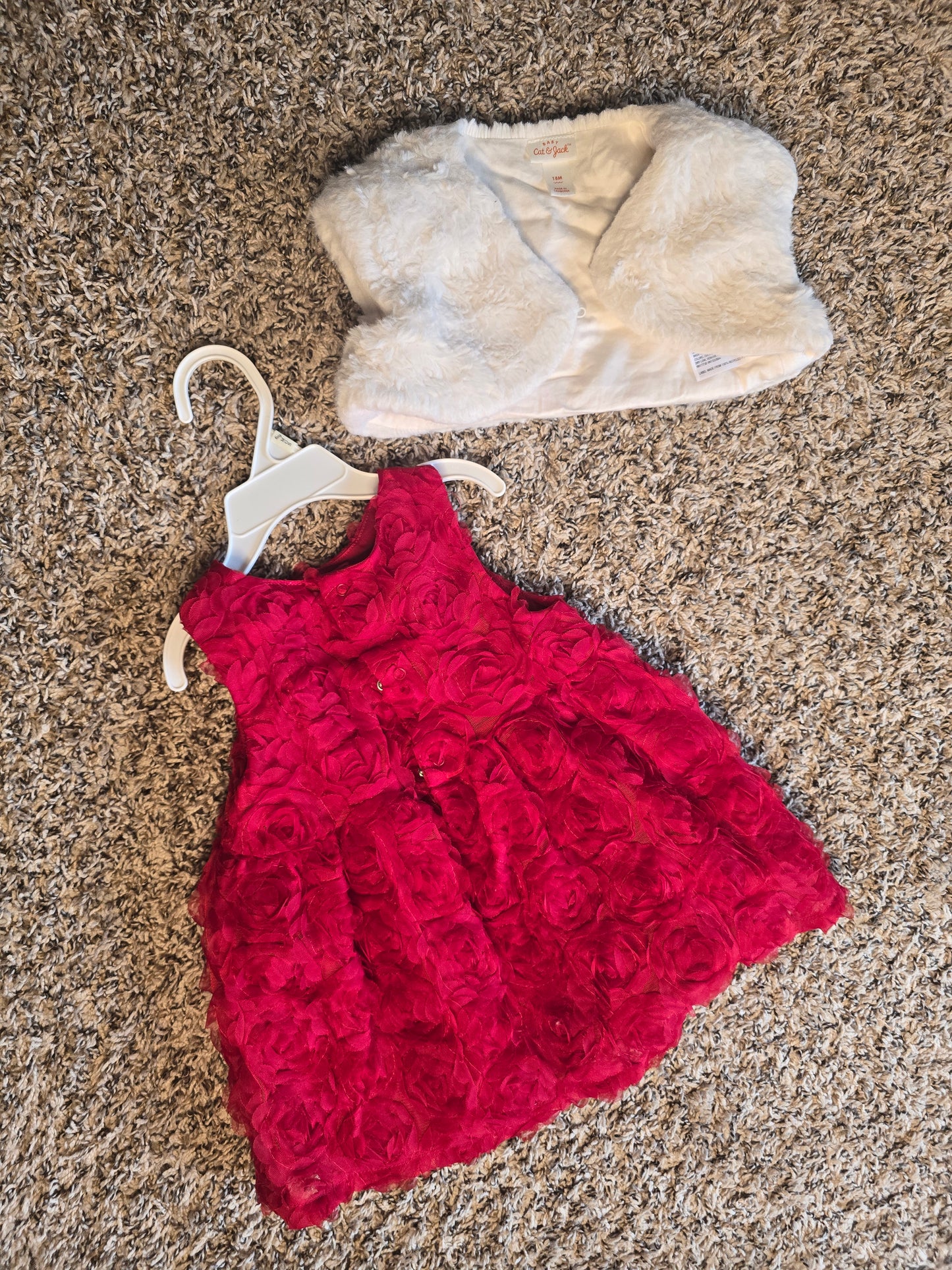 Cat & Jack 18M Red Rosette Dress and White Faux Fur Vest