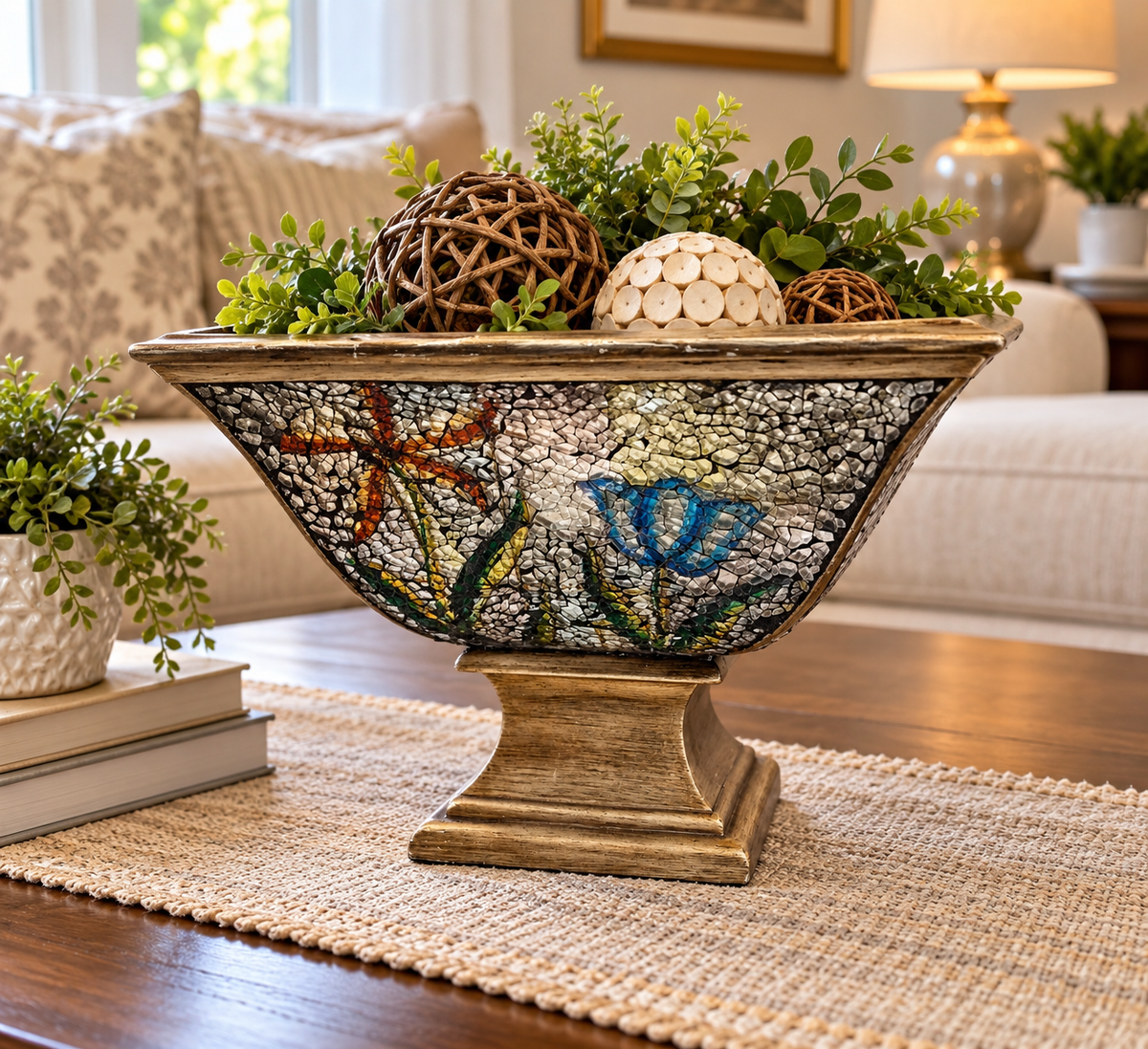 Decorative Mosaic Pedestal Bowl Dragonfly Butterfly Design Gold Tone 10" Centerpiece