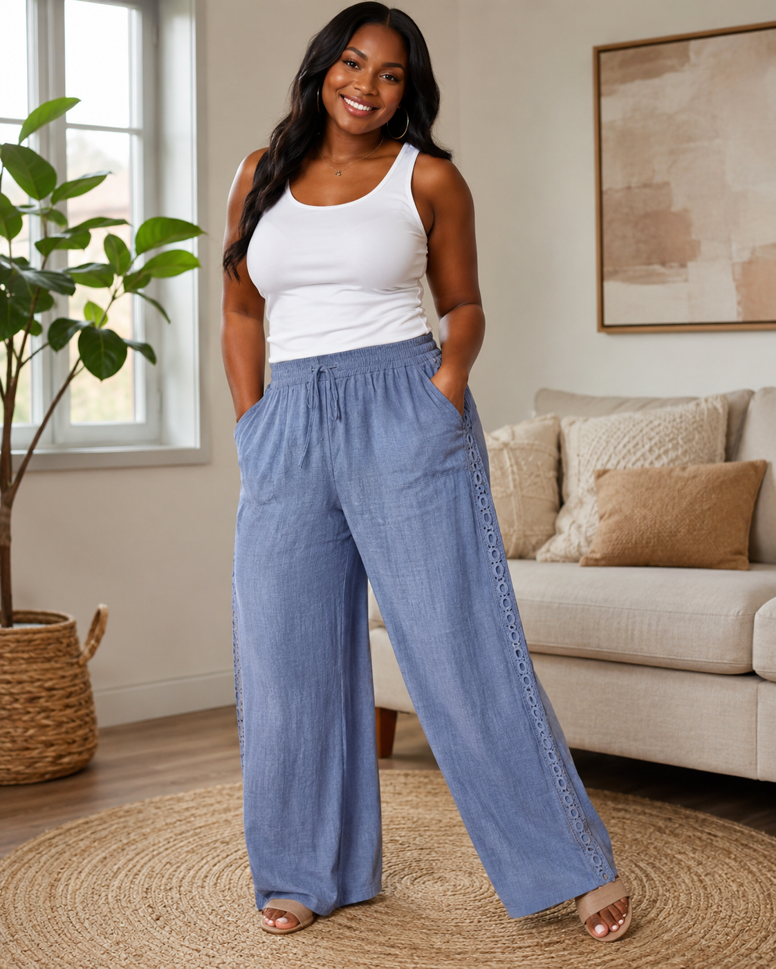 Women's Blue Wide-Leg Pull-On Pants – Size Large