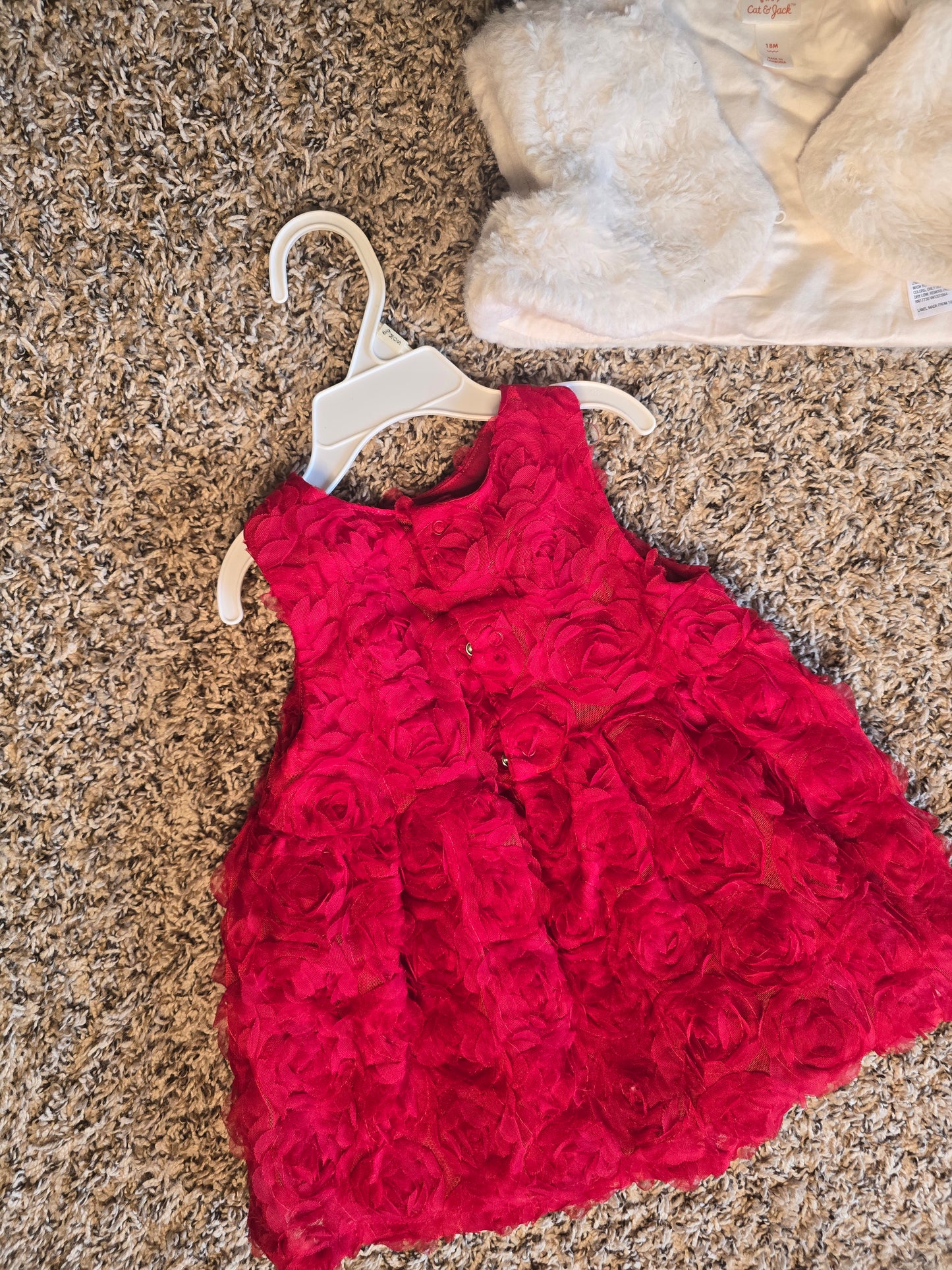 Cat & Jack 18M Red Rosette Dress and White Faux Fur Vest