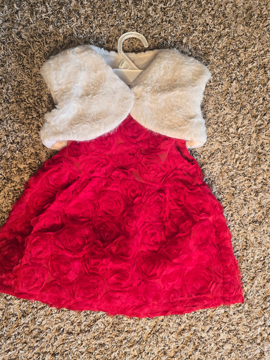 Cat & Jack 18M Red Rosette Dress and White Faux Fur Vest