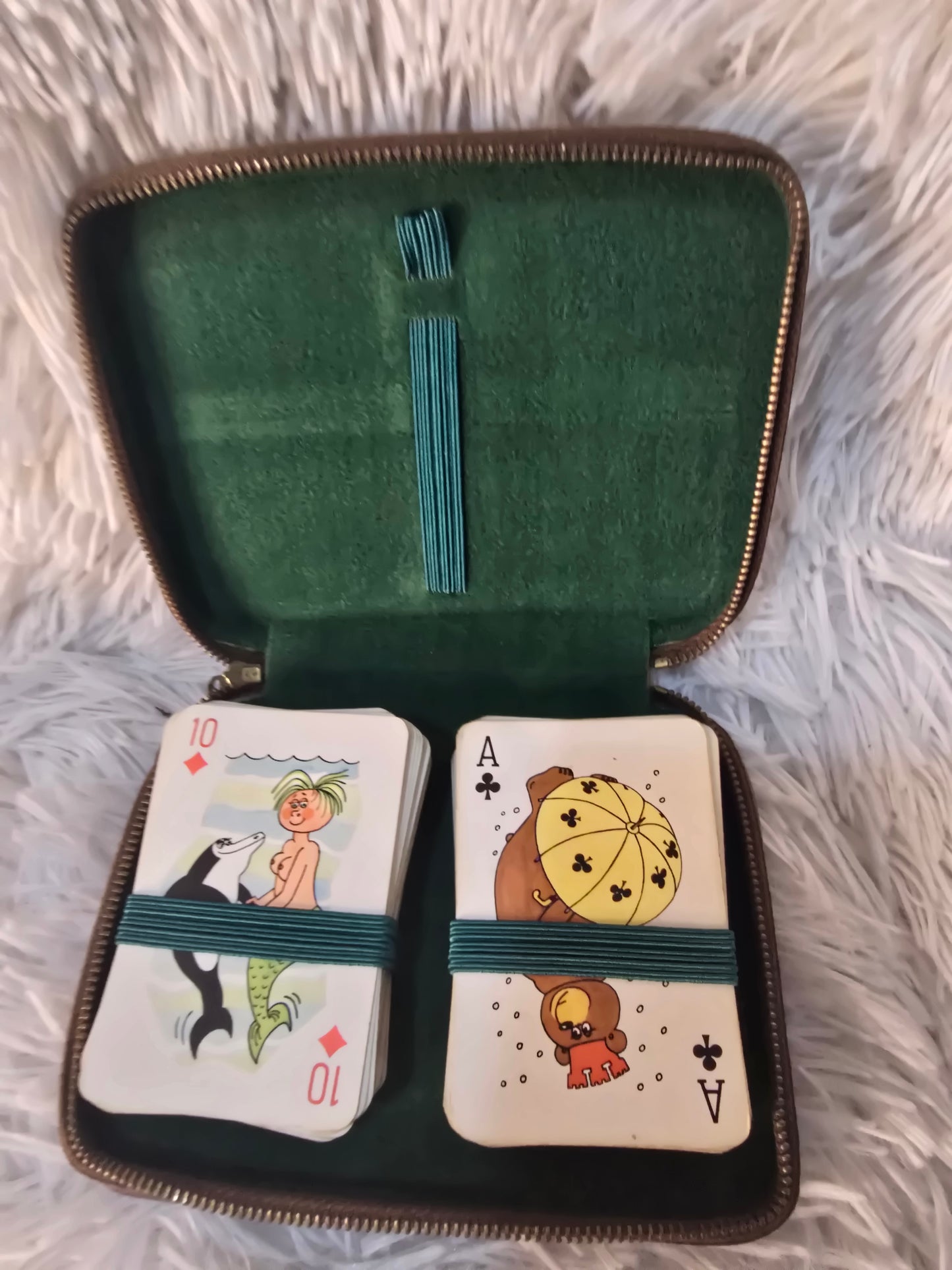 Vintage Bridge Set with Illustrated Playing Cards and Leather Case