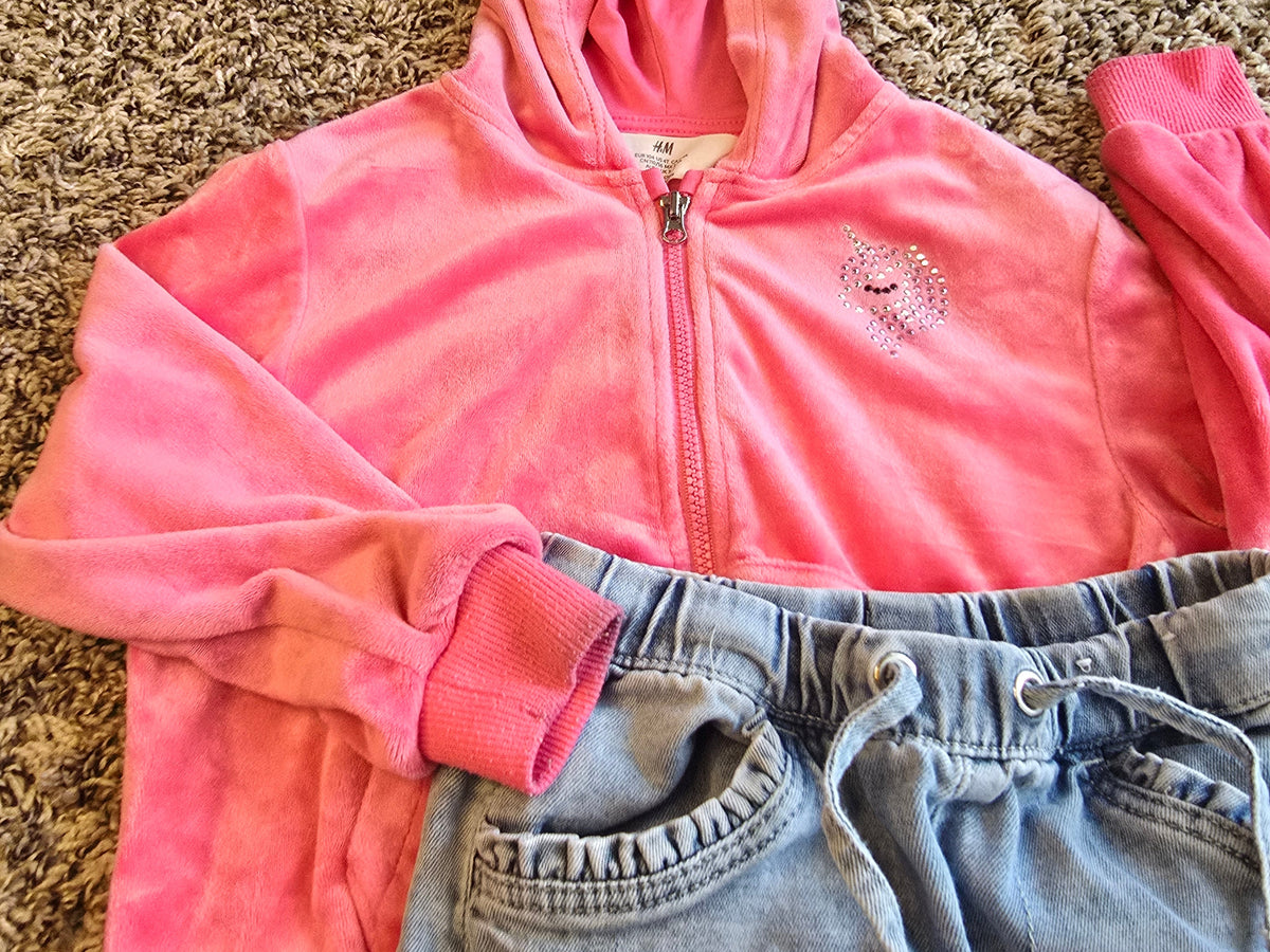 Girls H&M Pink Velour Hoodie & Blue Denim Joggers Mix & Match Set Size 3–4Y