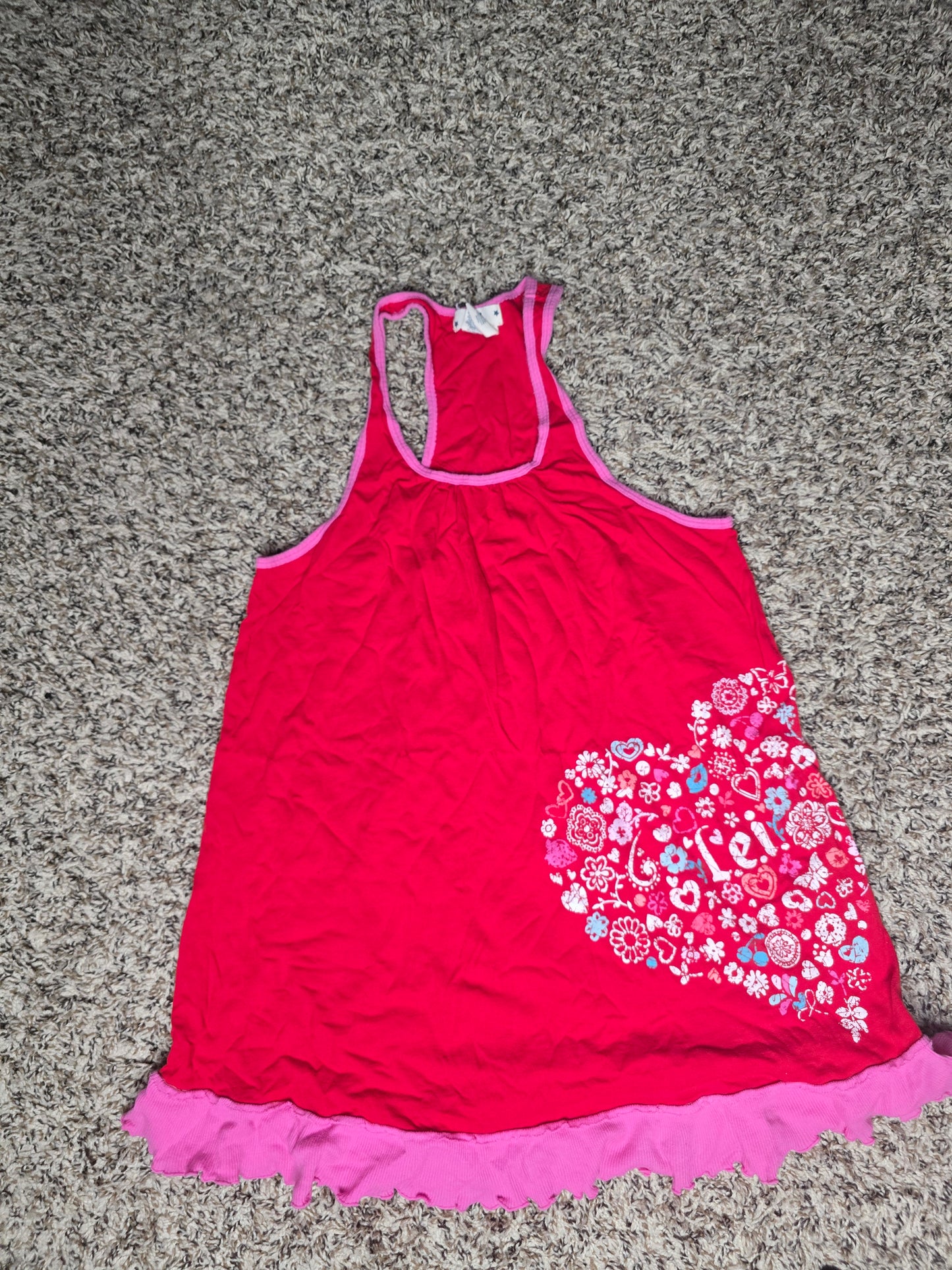 L.E.I. Sleeveless Racerback Tank Top – Women's Medium – Pink Graphic Ruffle Hem