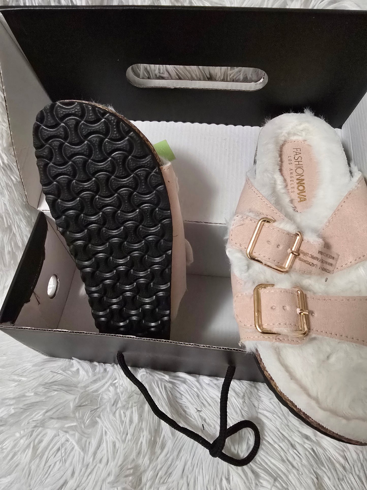 Fashion Nova Women's Faux Fur Double Buckle Slide Sandals – Pink/Blue– Size 8