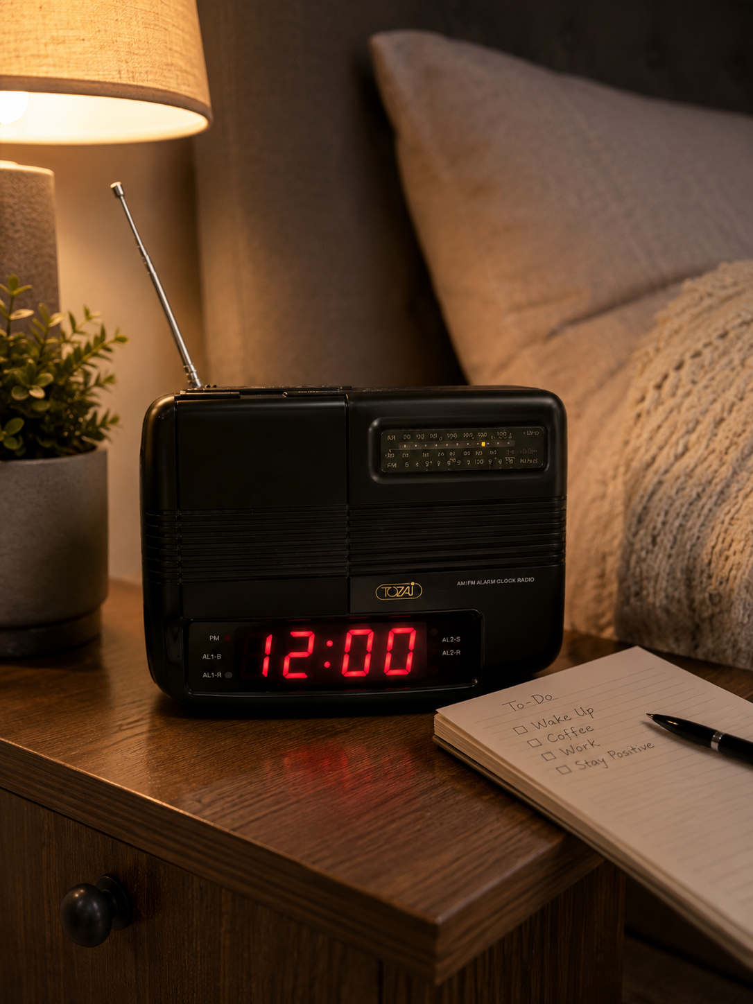 TOZAI ATC-484 Vintage AM/FM Analog Alarm Clock Radio – Black – Retractable Antenna