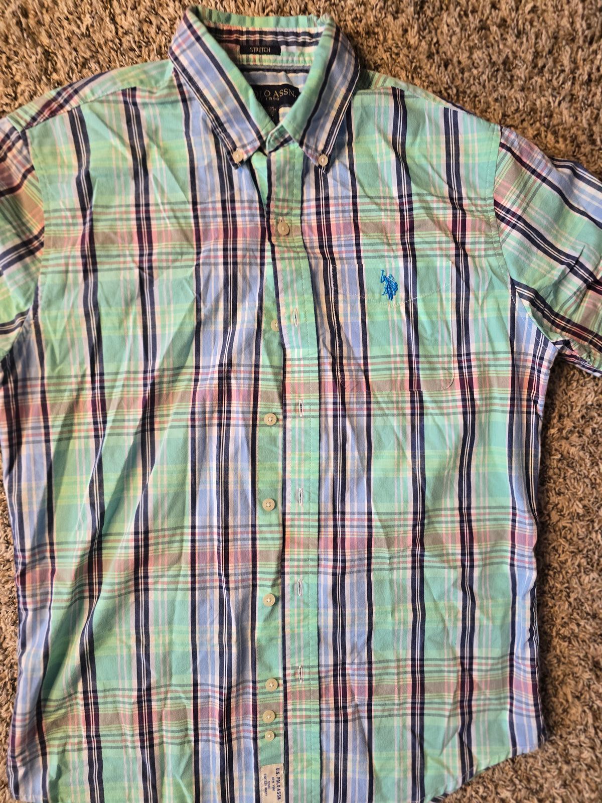 U.S. Polo Assn. Men’s Small Plaid Short Sleeve Button Down Stretch Shirt Green Blue