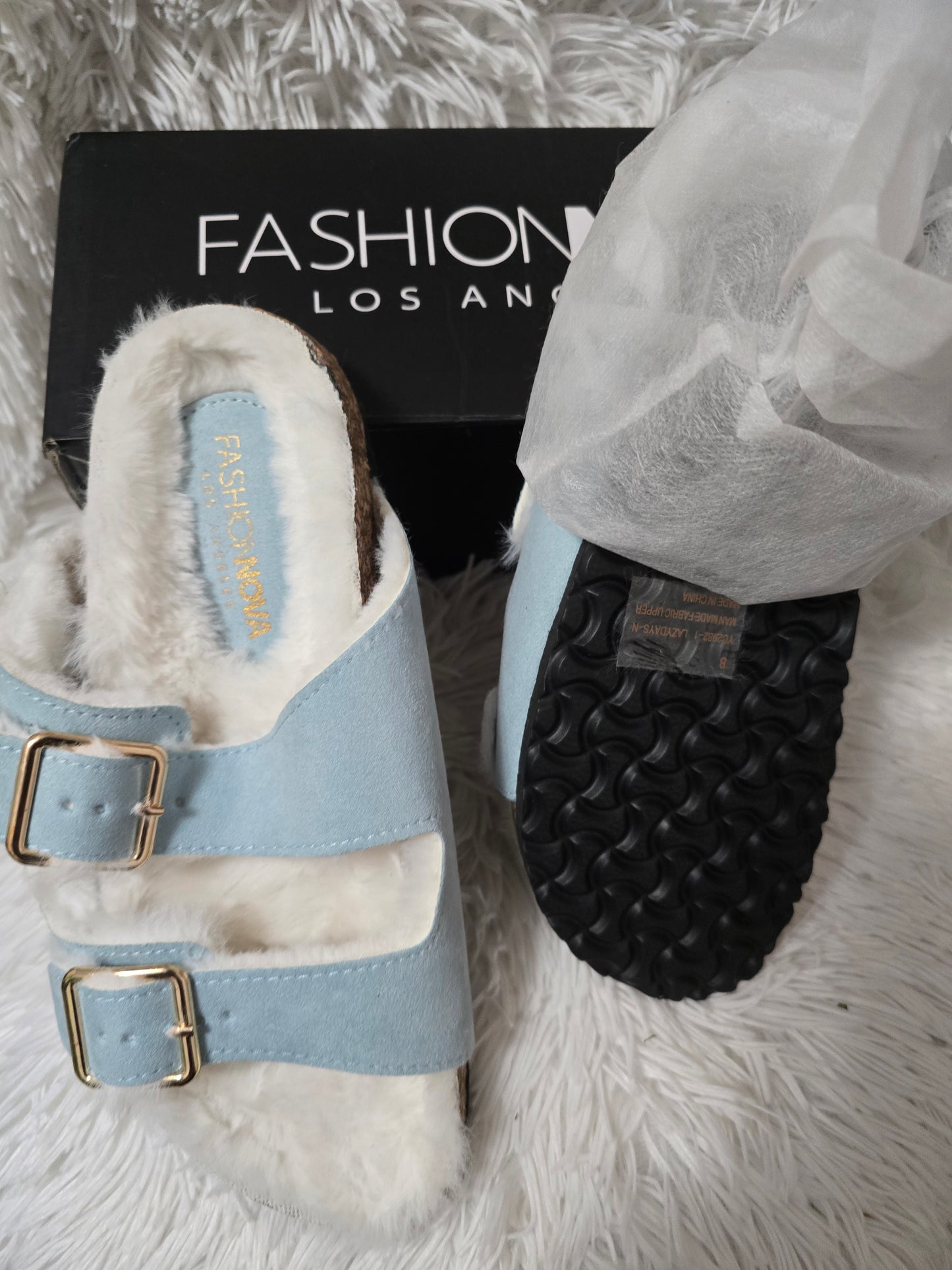 Fashion Nova Women's Faux Fur Double Buckle Slide Sandals – Pink/Blue– Size 8