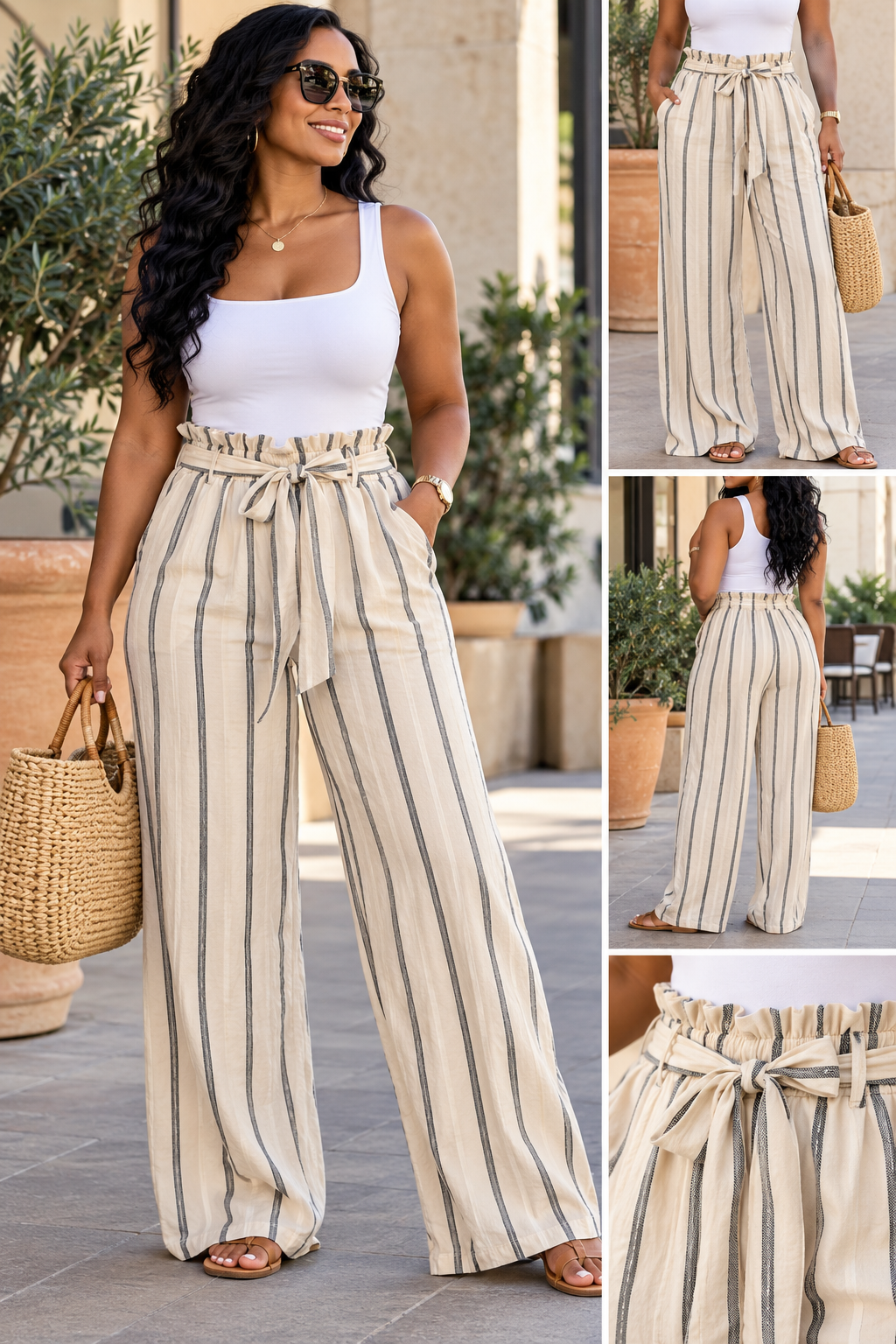 H&M Cream & Black Striped Wide Leg Paperbag Waist Pants Size 8