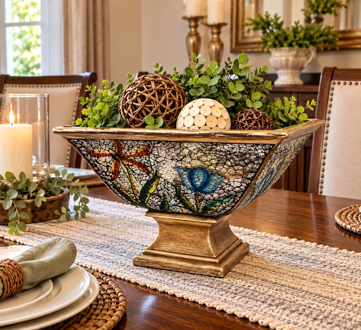 Decorative Mosaic Pedestal Bowl Dragonfly Butterfly Design Gold Tone 10" Centerpiece