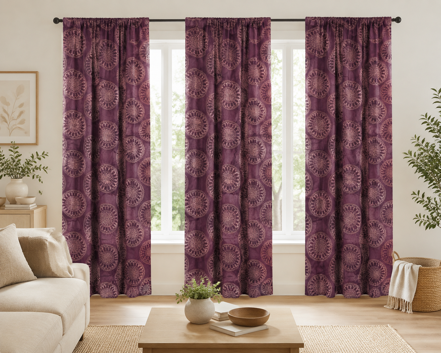 Set of 3 Mainstays Purple Medallion Curtain Panel – 30"W x 84"L