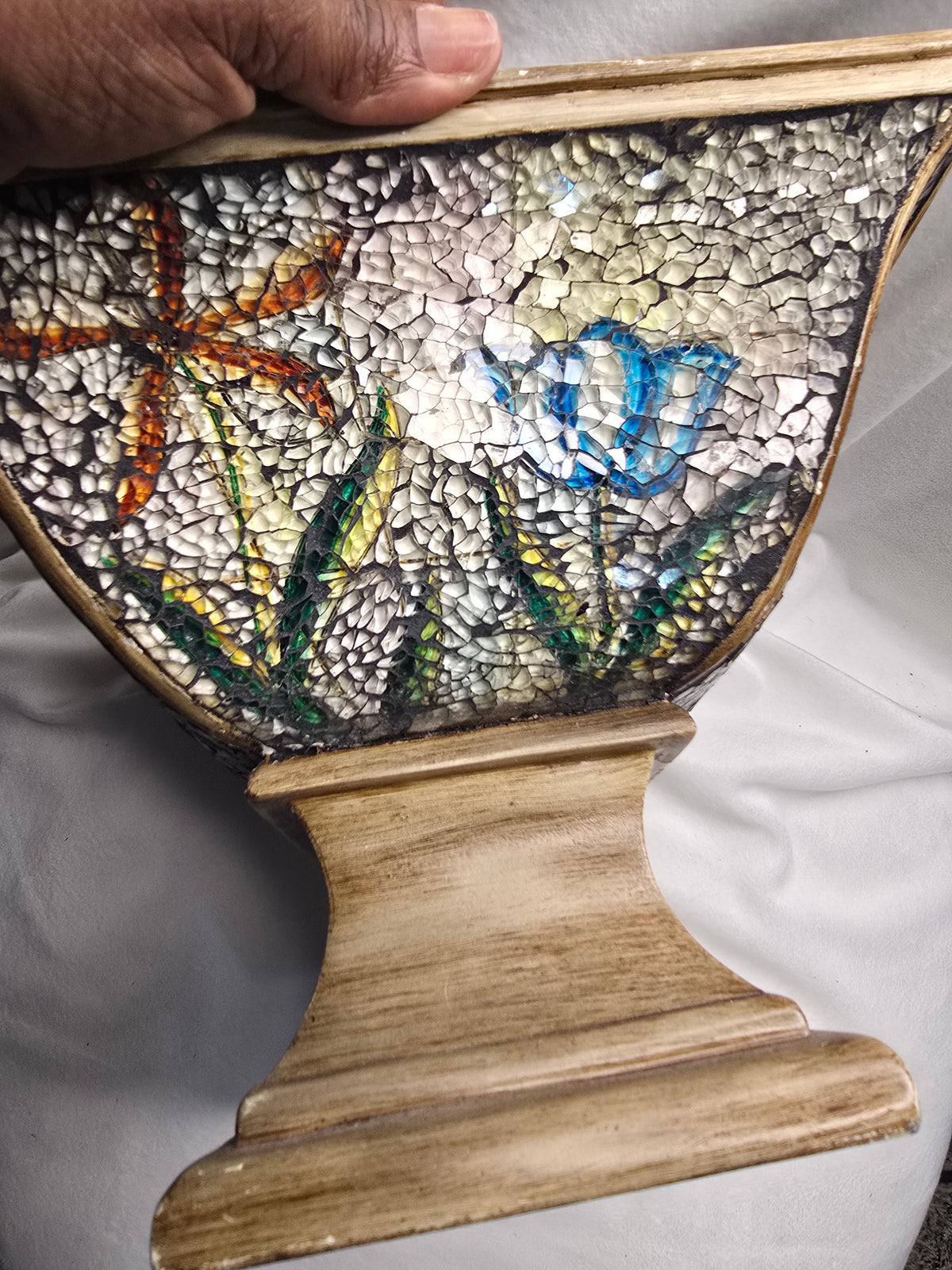 Decorative Mosaic Pedestal Bowl Dragonfly Butterfly Design Gold Tone 10" Centerpiece