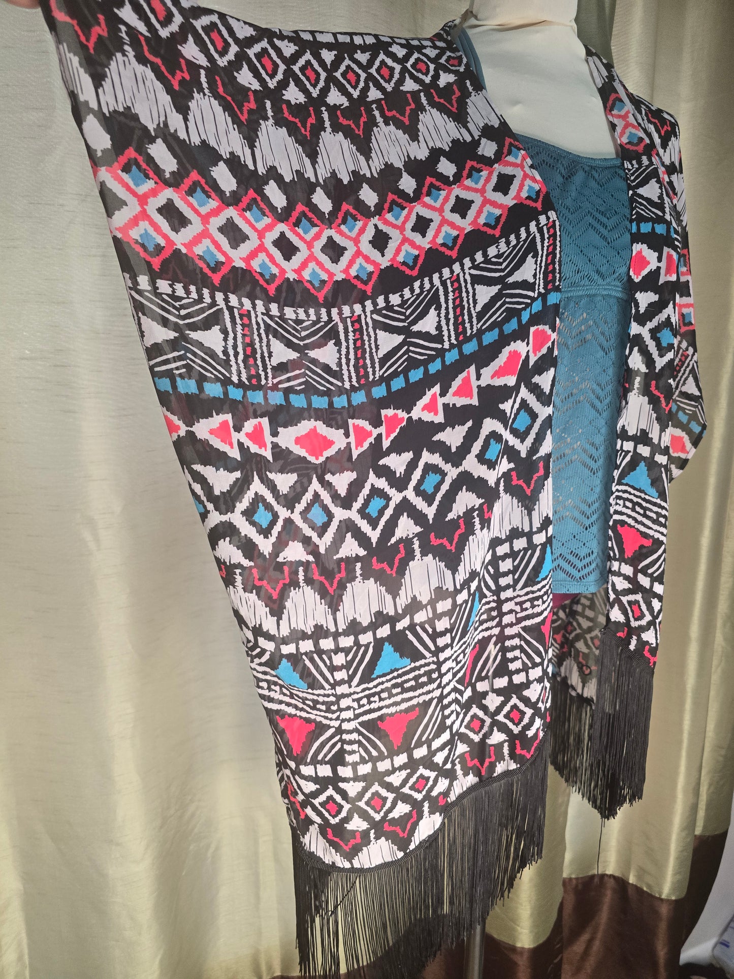 Fringe Geometric Kimono Swim Cover-Up – Black, White, Pink & Blue size M