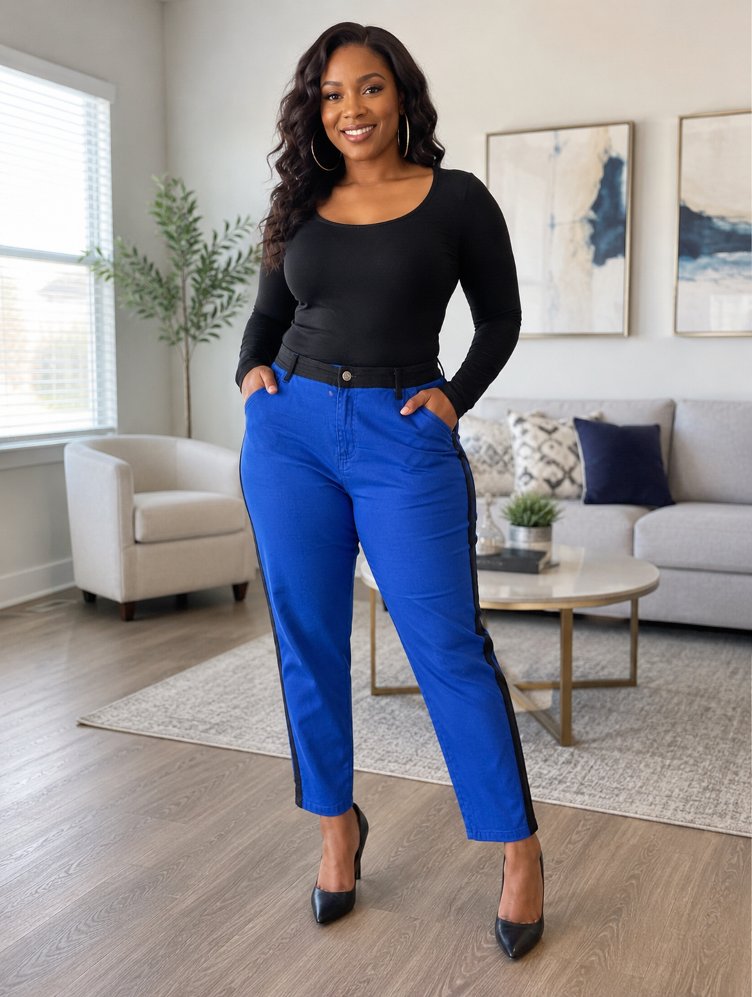 Miss Tina Women’s Royal Blue & Black Colorblock Pants – Size 14
