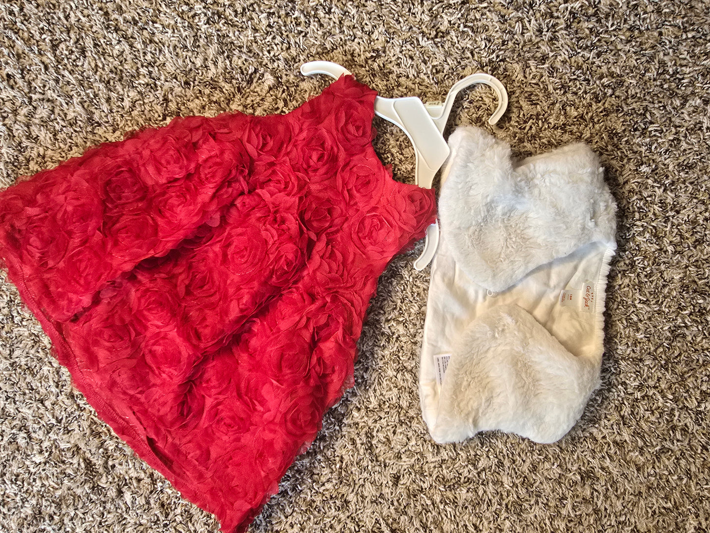 Cat & Jack 18M Red Rosette Dress and White Faux Fur Vest