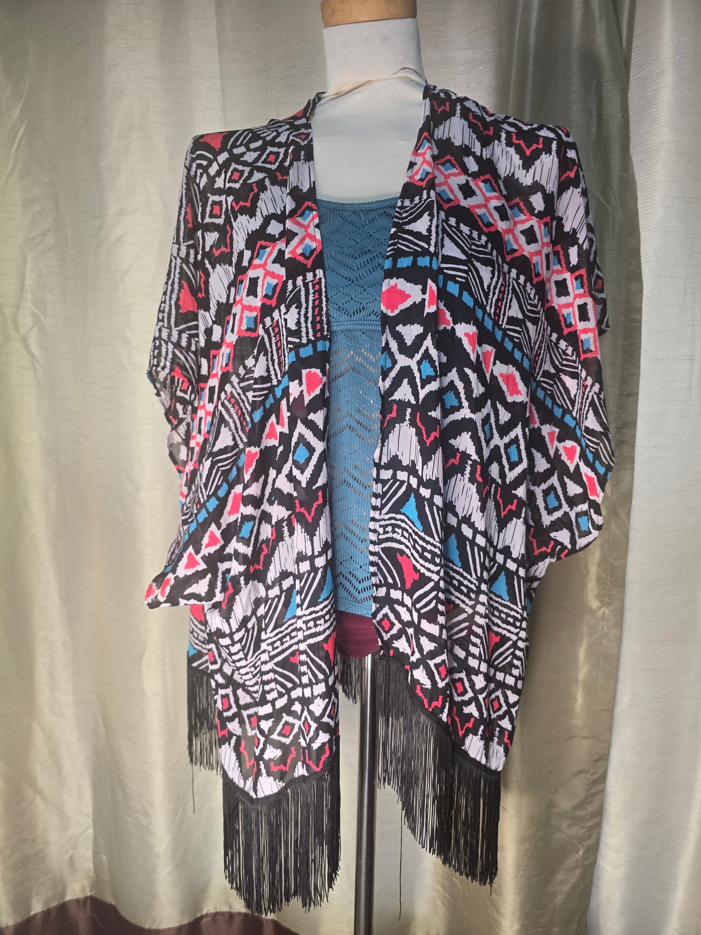 Fringe Geometric Kimono Swim Cover-Up – Black, White, Pink & Blue size M