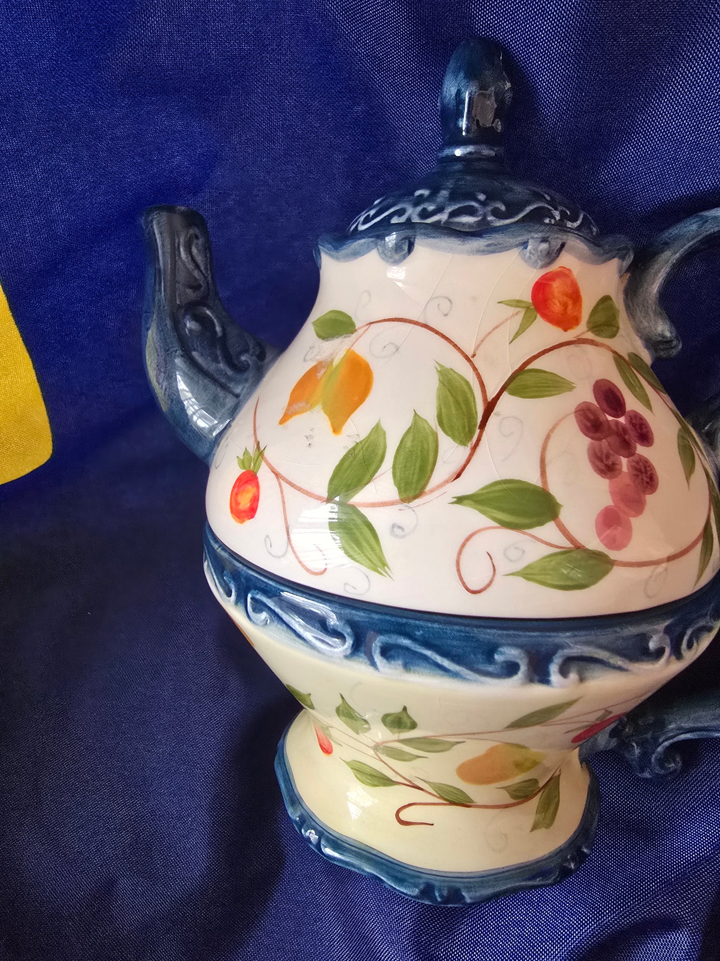 Vintage Ceramic Stackable Teapot & Teacup Set – Hand-Painted Fruit & Floral Design Blue Trim