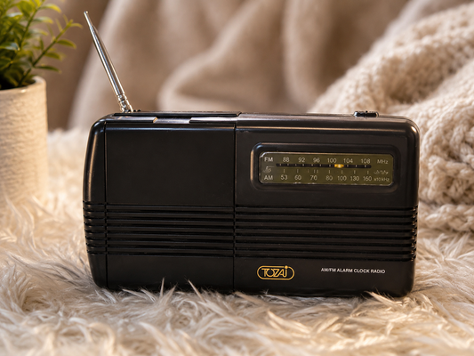 TOZAI ATC-484 Vintage AM/FM Analog Alarm Clock Radio – Black – Retractable Antenna
