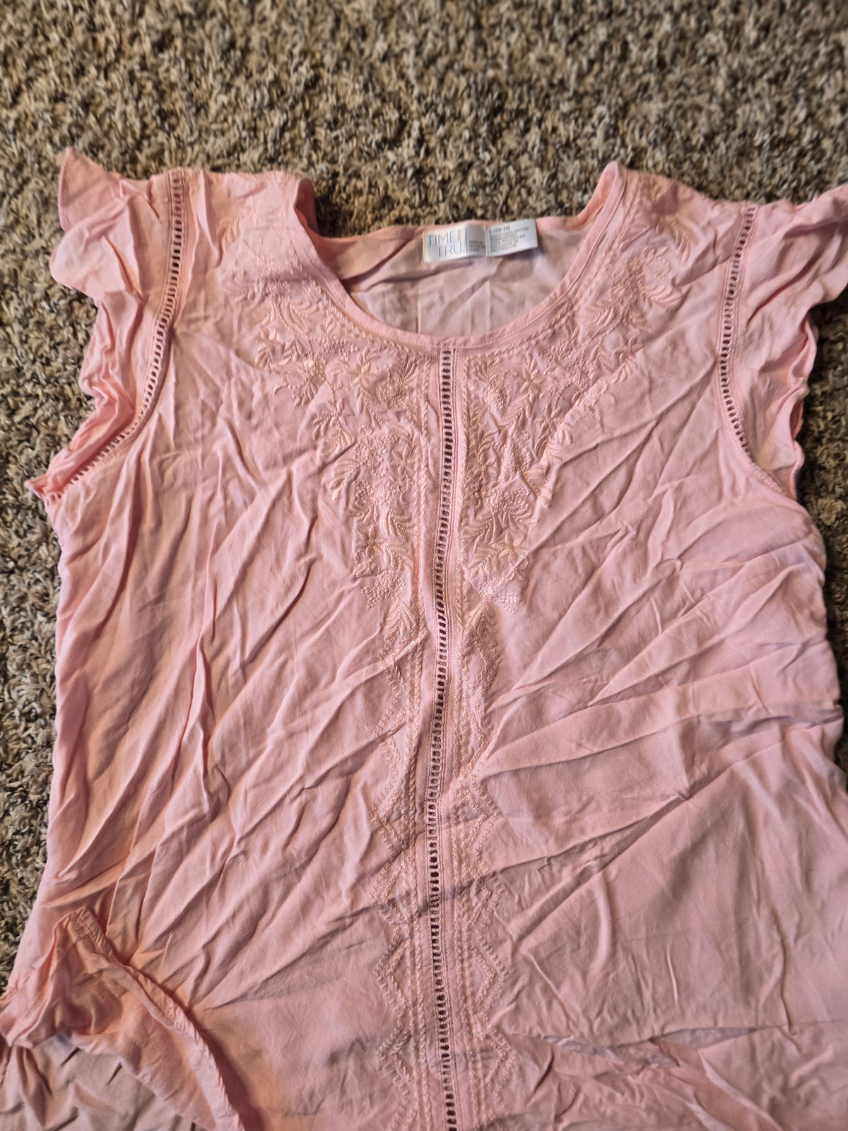 Time and Tru Women’s Large Pink Embroidered Flutter Sleeve Boho Top L 12-14