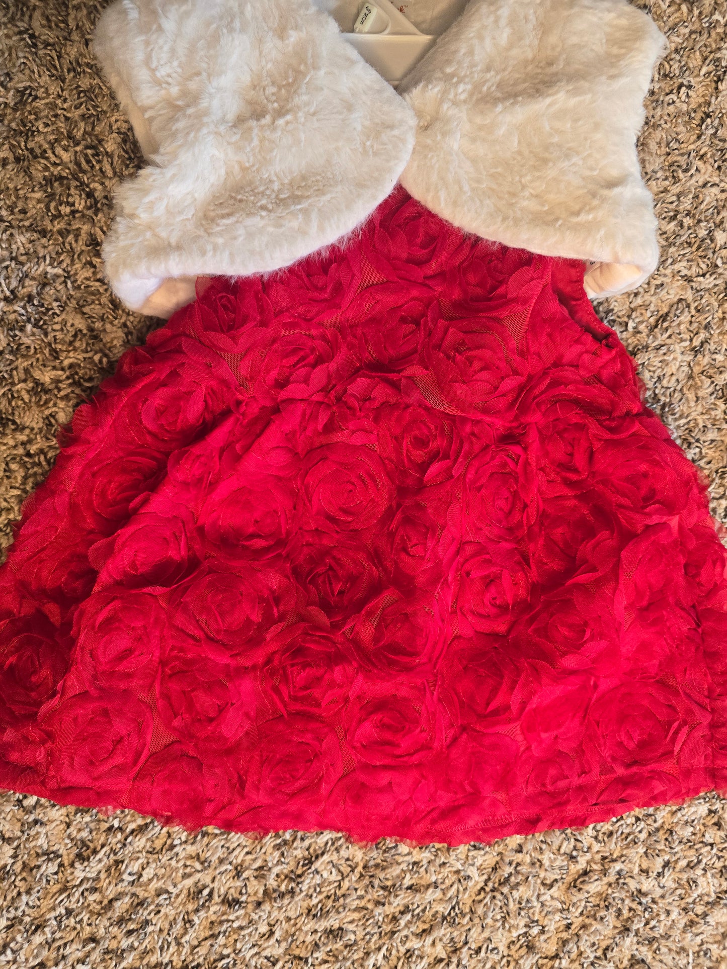 Cat & Jack 18M Red Rosette Dress and White Faux Fur Vest