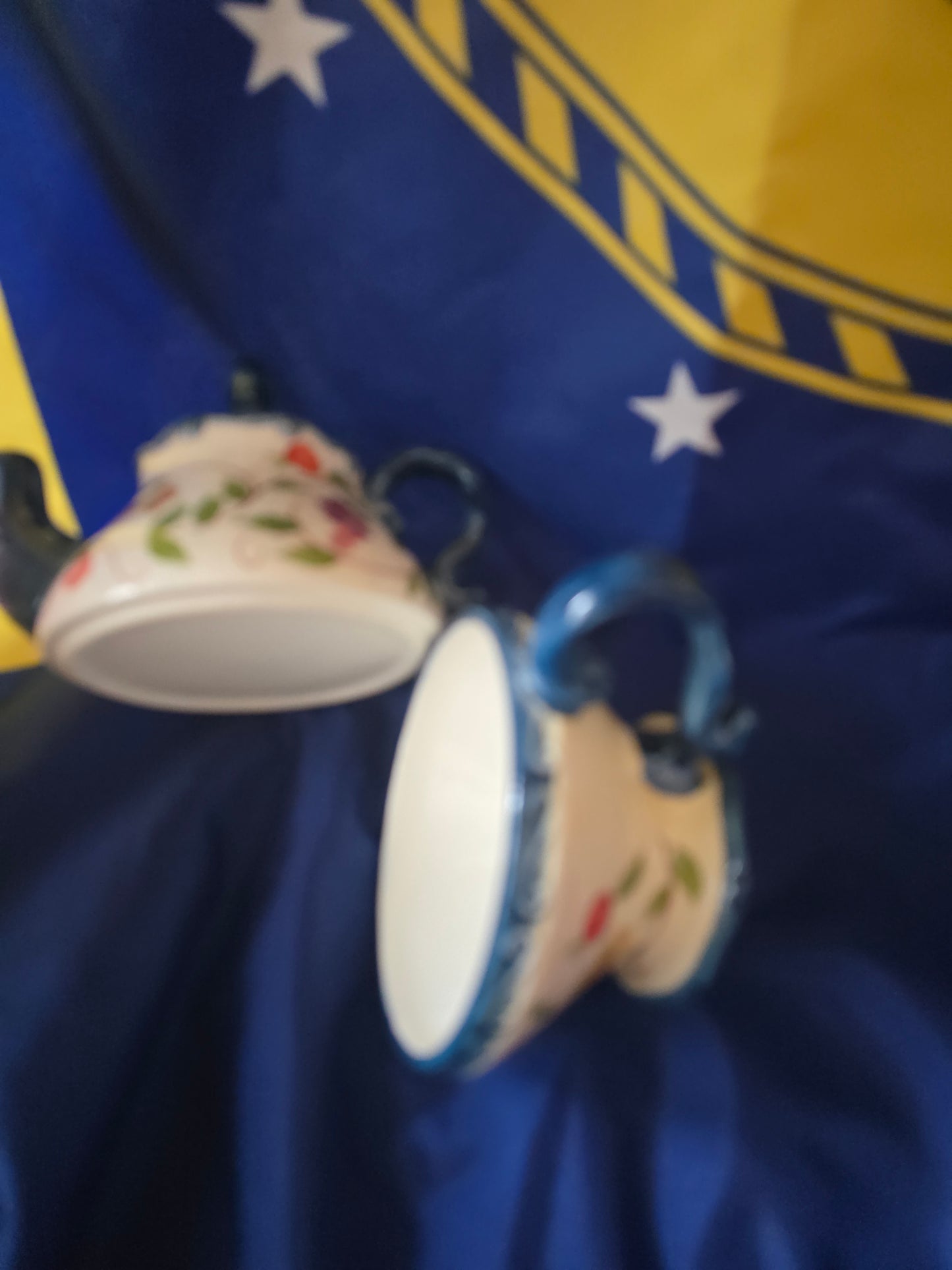 Vintage Ceramic Stackable Teapot & Teacup Set – Hand-Painted Fruit & Floral Design Blue Trim