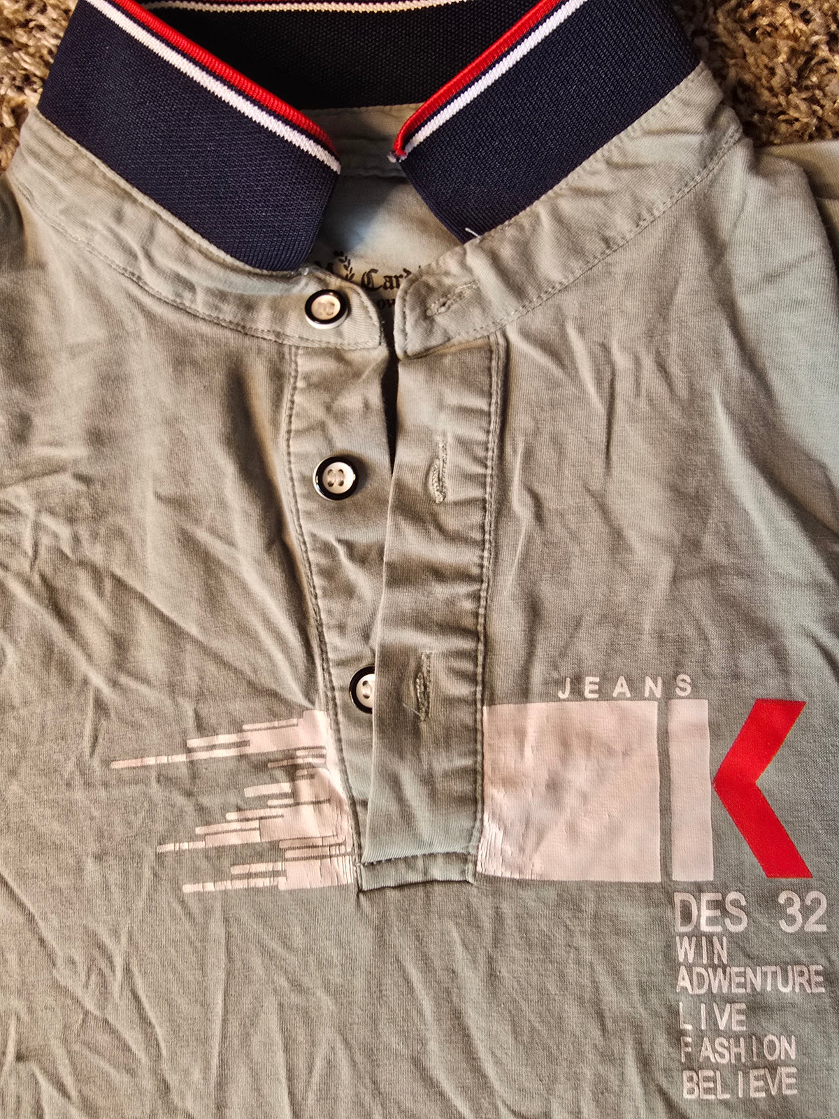 Alberto Cardinali Men's Gray Graphic Polo Shirt Short Sleeve Navy Collar Size M