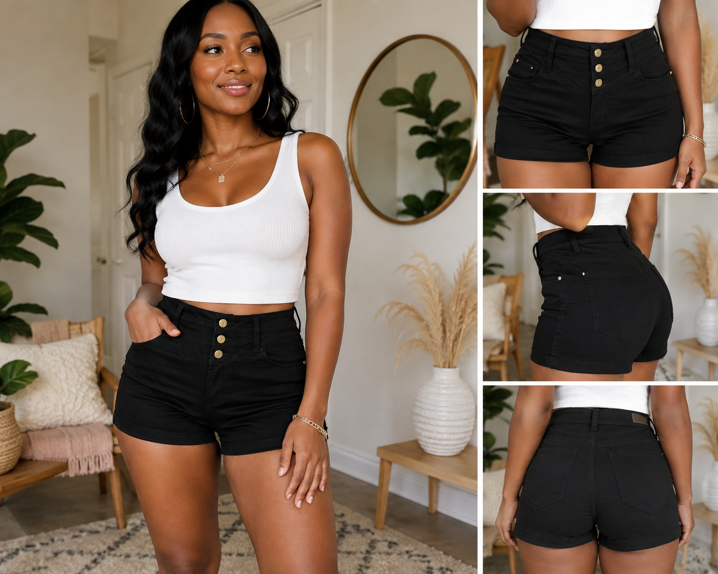 Women’s Black High-Waisted Triple Button Shorts – Size 8