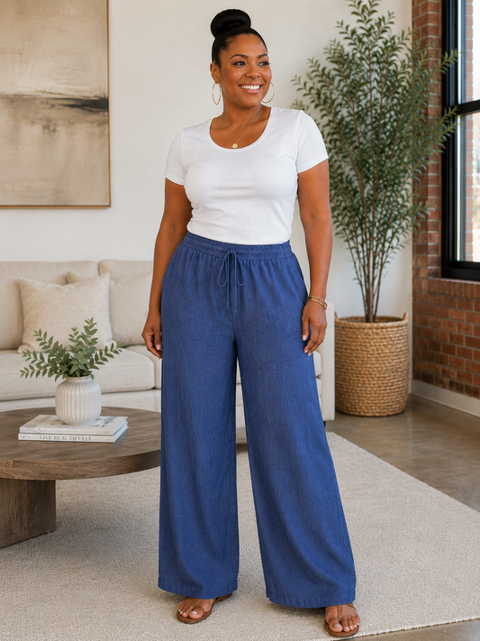 SHEIN Women's Blue Smocked Hem Wide Leg Pants – Size Large