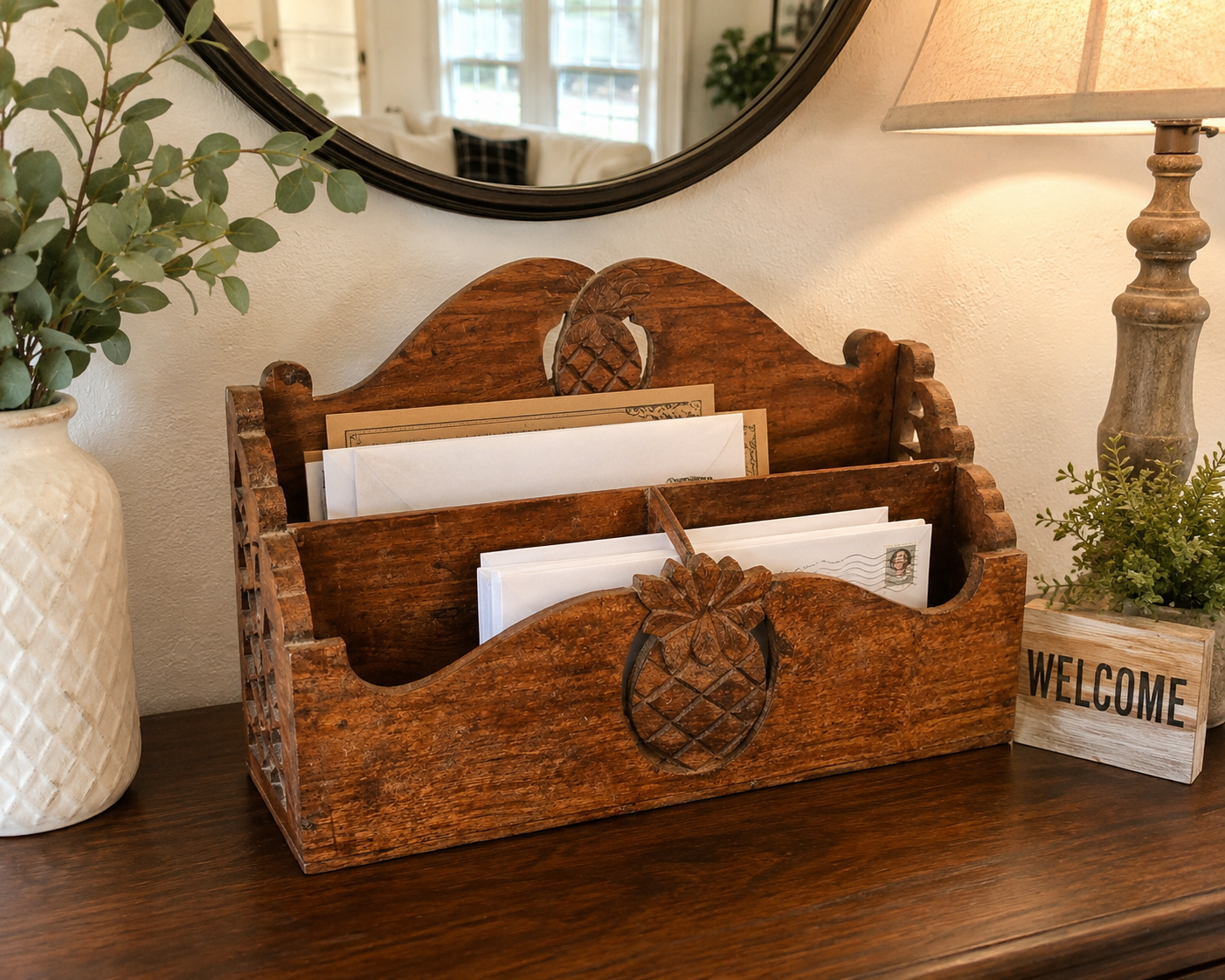 Vintage Rustic Wooden Pineapple Mail & Letter Organizer – Hand Carved Desk Storage
