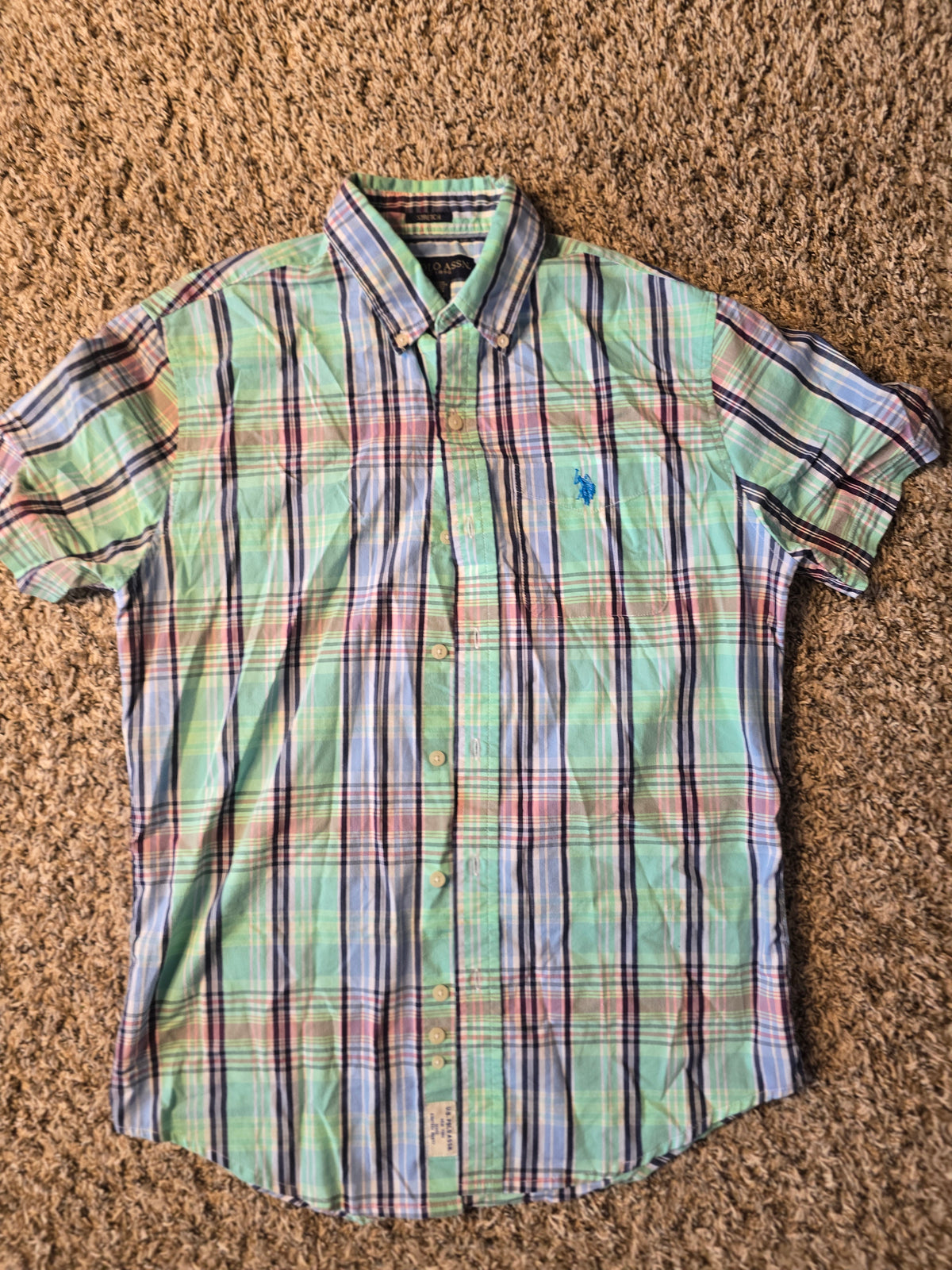 U.S. Polo Assn. Men’s Small Plaid Short Sleeve Button Down Stretch Shirt Green Blue