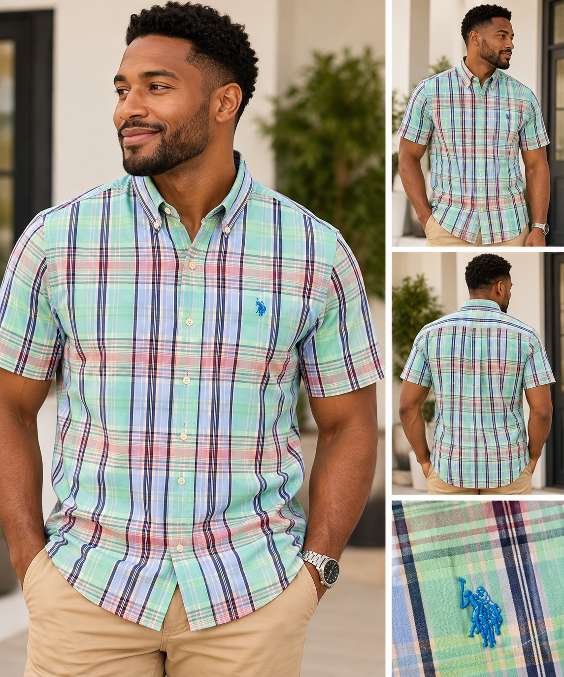 U.S. Polo Assn. Men’s Small Plaid Short Sleeve Button Down Stretch Shirt Green Blue