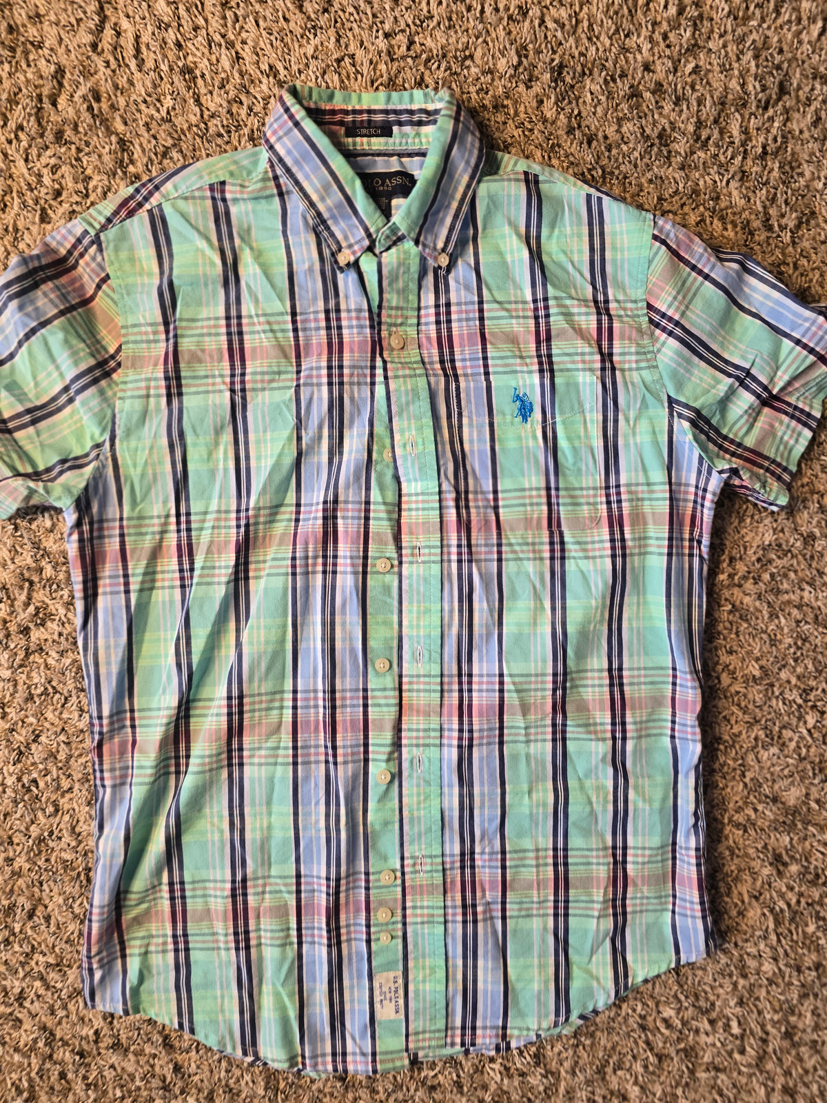 U.S. Polo Assn. Men’s Small Plaid Short Sleeve Button Down Stretch Shirt Green Blue