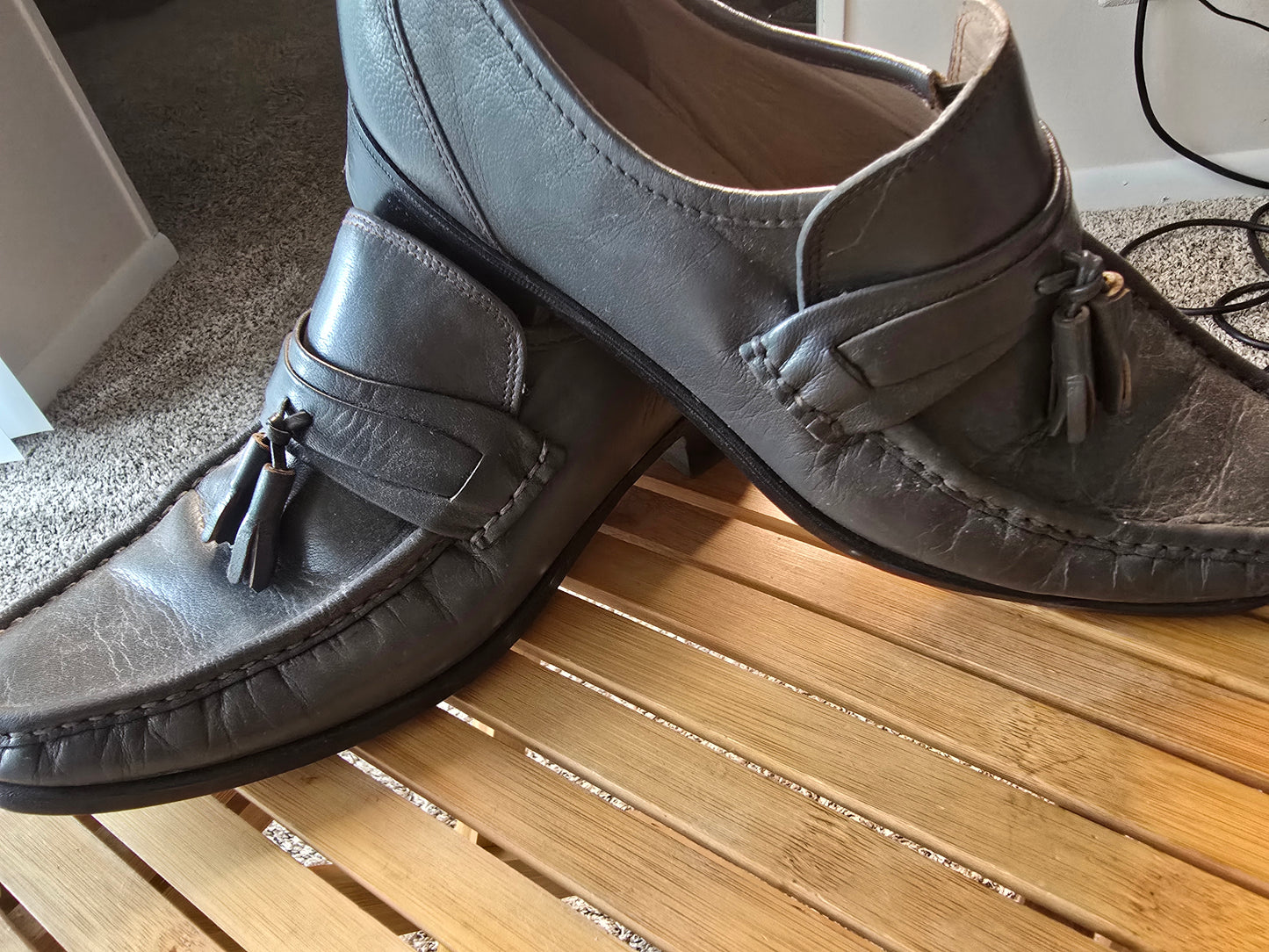 Stafford Men’s 9M Gray Leather Tassel Loafers Made in USA Vintage Dress Shoes