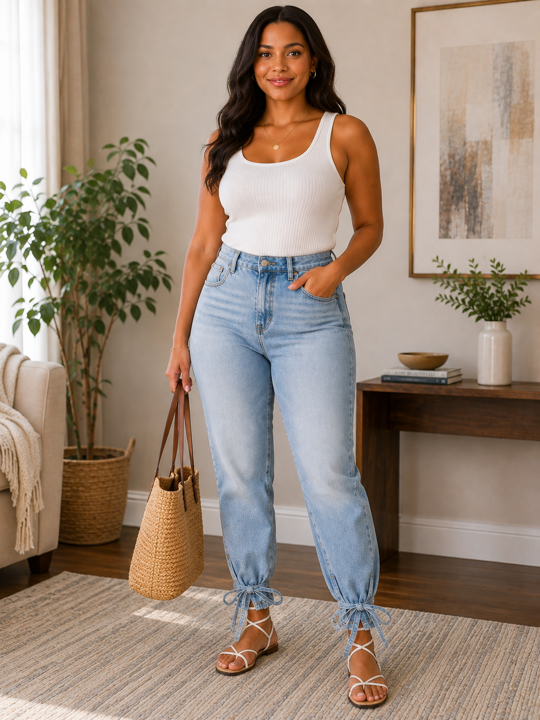 Misspap Light Wash High-Waisted Tie-Ankle Jeans – Size 36/S