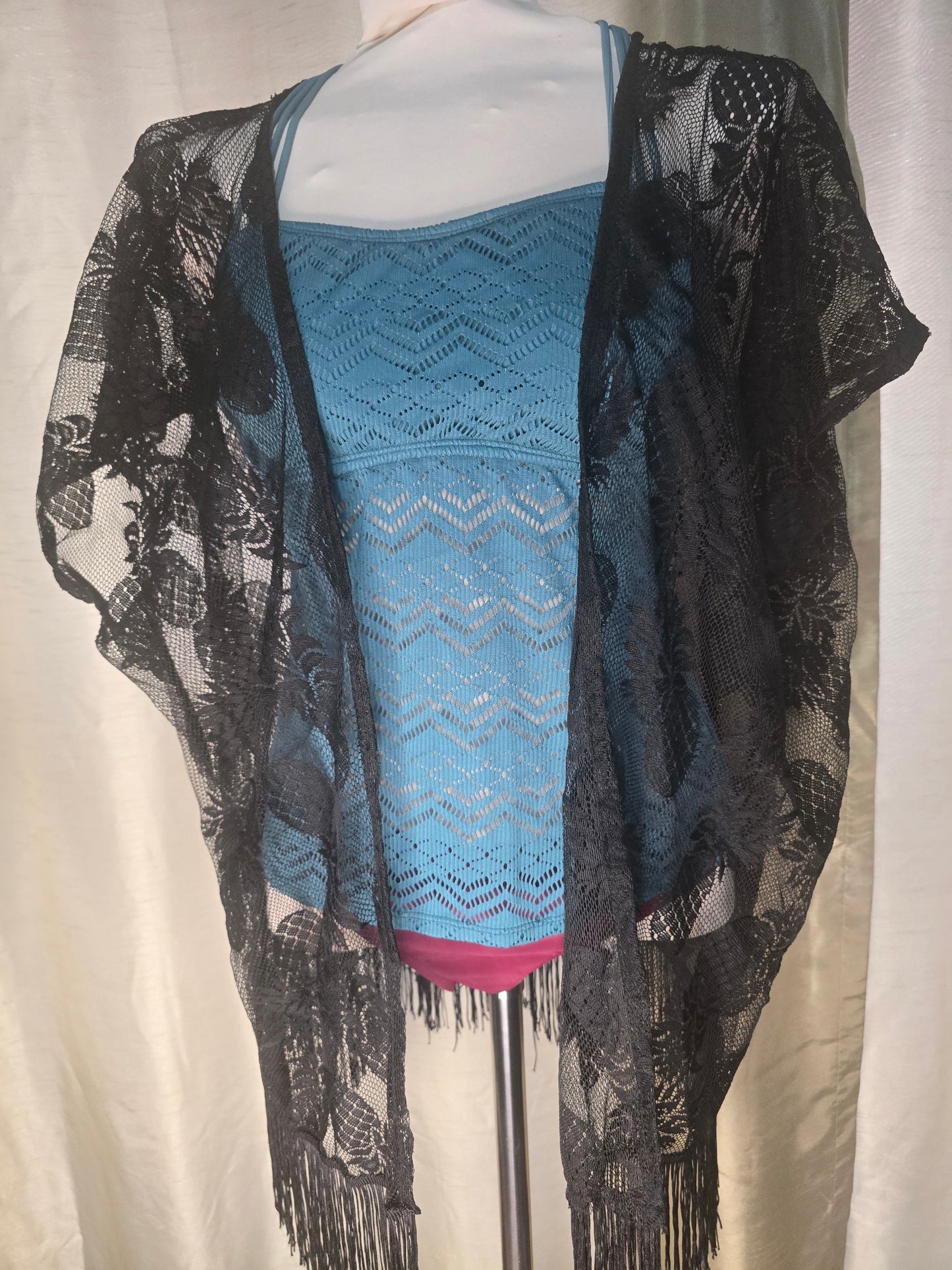 Black Sheer Pineapple Lace Fringe Kimono Cover-Up