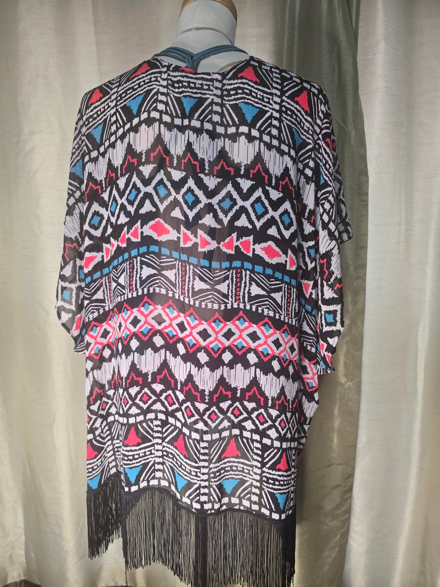 Fringe Geometric Kimono Swim Cover-Up – Black, White, Pink & Blue size M