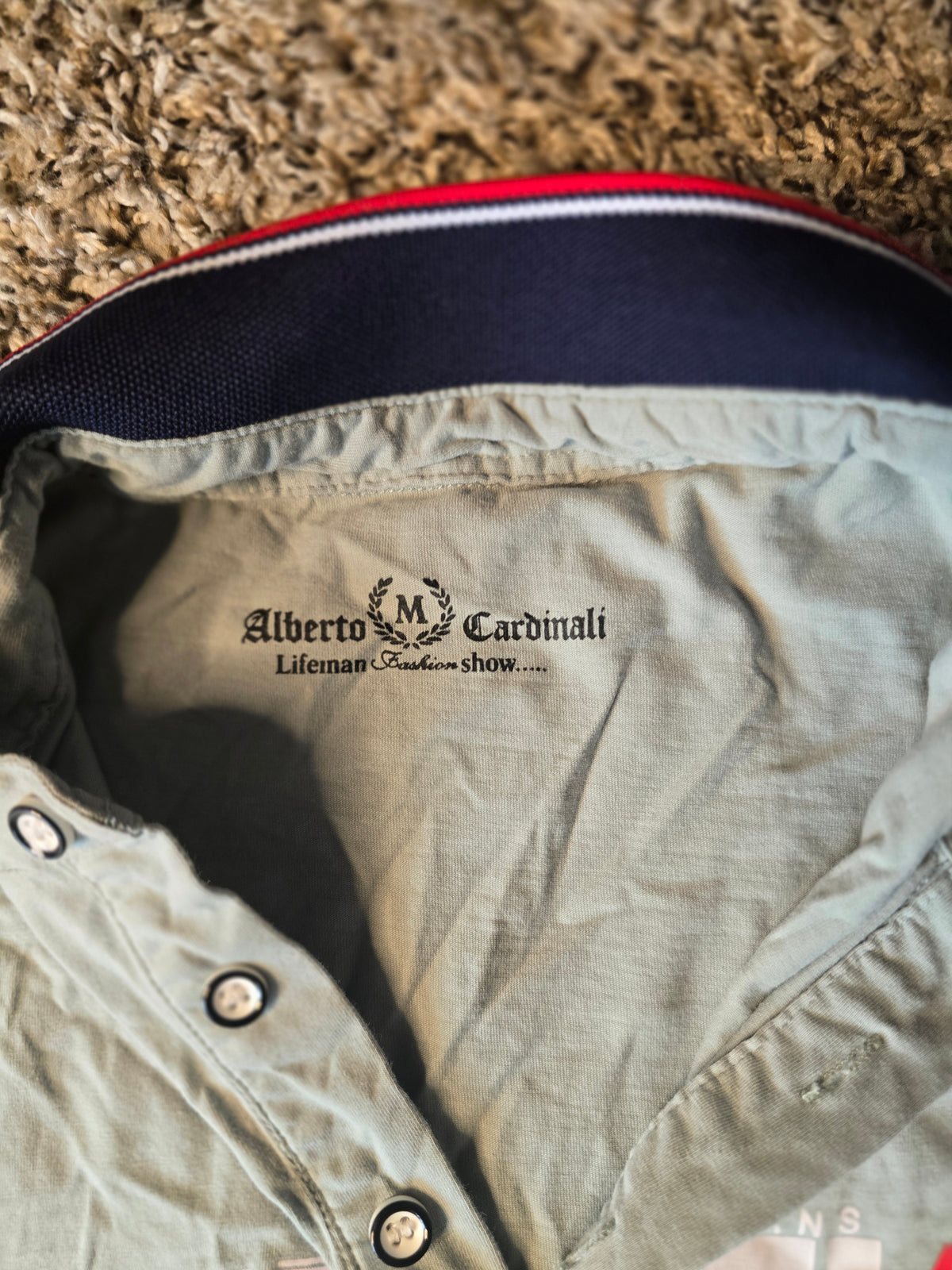 Alberto Cardinali Men's Gray Graphic Polo Shirt Short Sleeve Navy Collar Size M