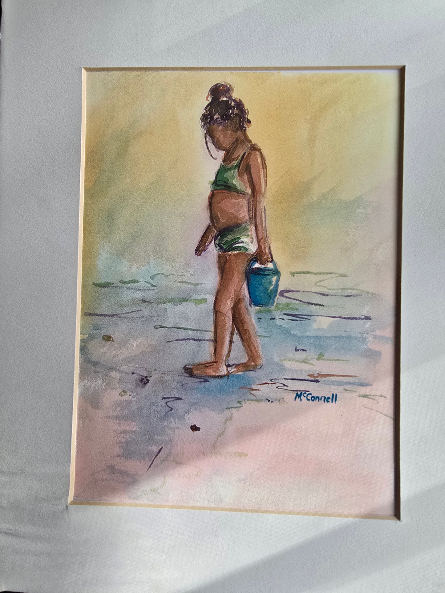 Original Signed McConnell Watercolor Painting Beach Girl w/ Blue Bucket Coastal Art