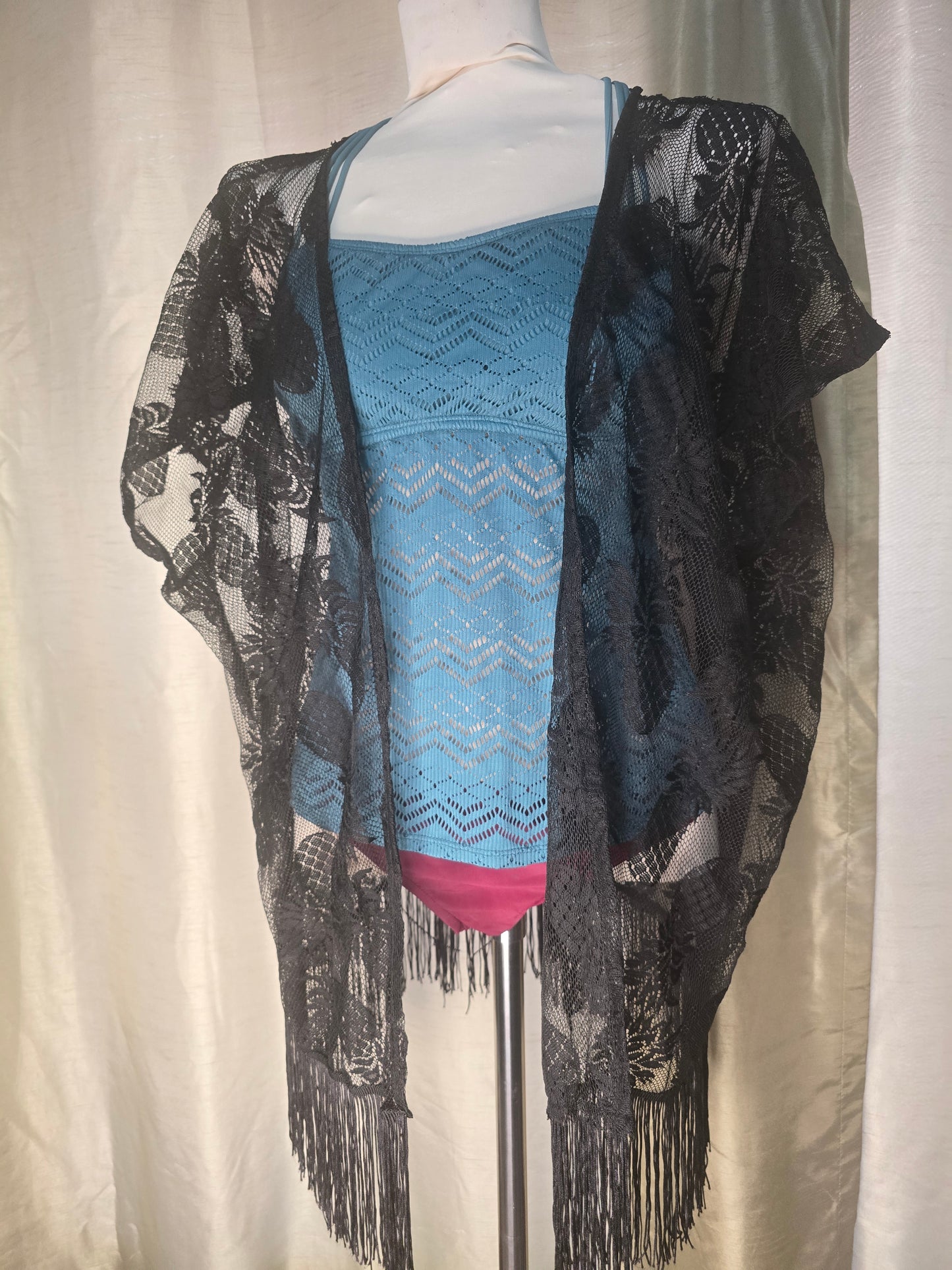 Black Sheer Pineapple Lace Fringe Kimono Cover-Up