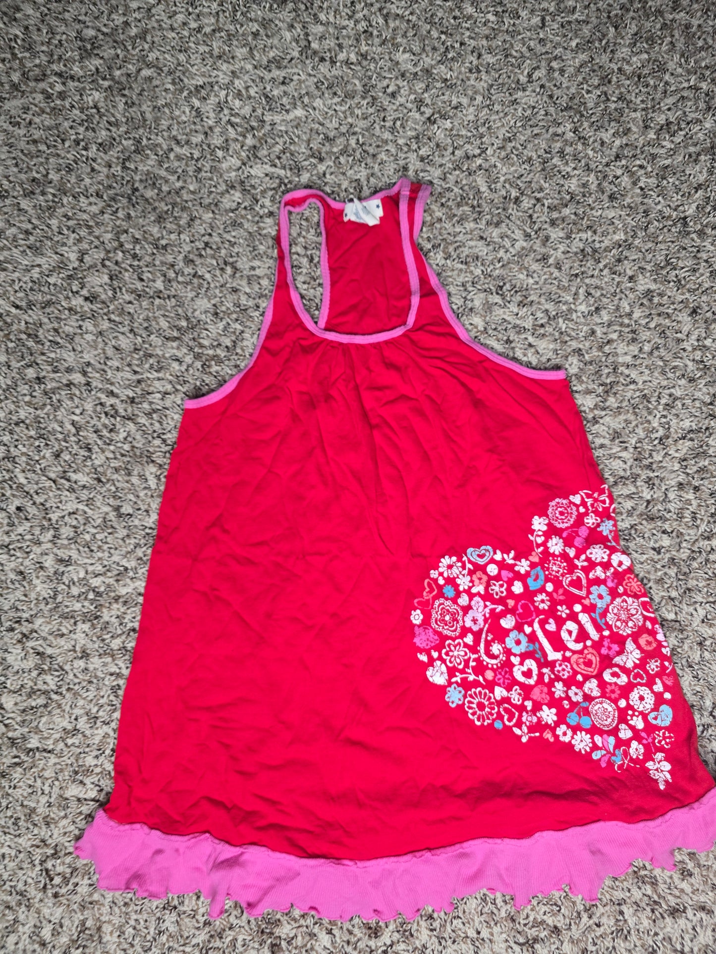 L.E.I. Sleeveless Racerback Tank Top – Women's Medium – Pink Graphic Ruffle Hem