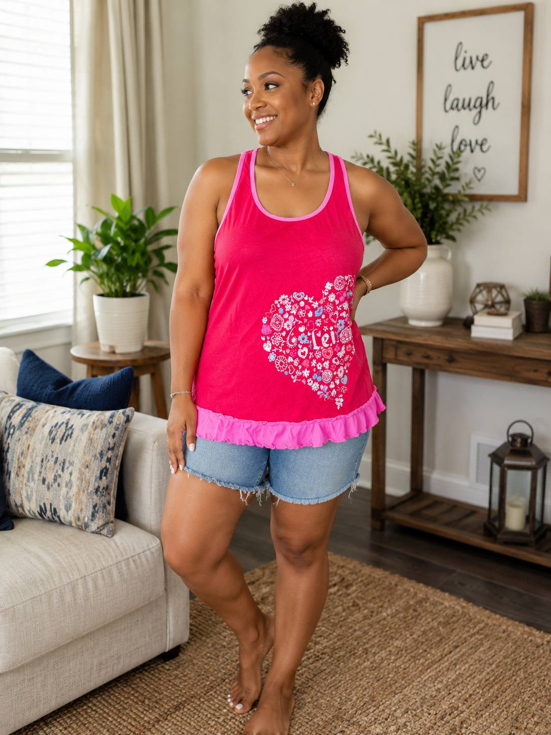 L.E.I. Sleeveless Racerback Tank Top – Women's Medium – Pink Graphic Ruffle Hem