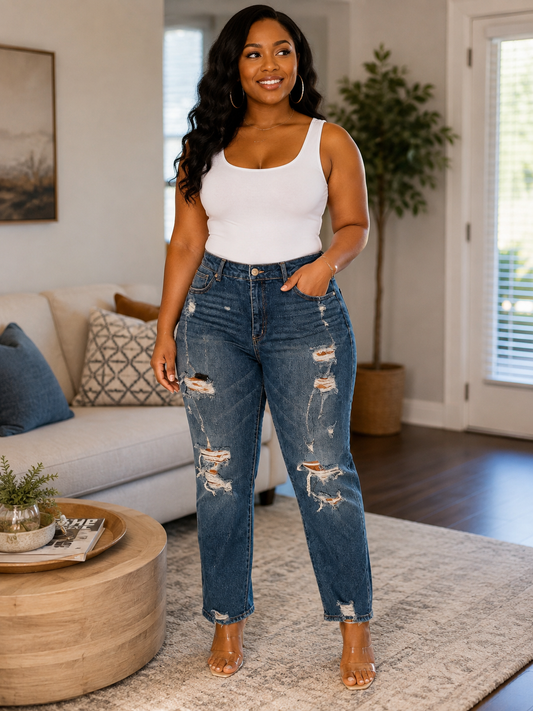 Women's Distressed Skinny Jeans – Medium Wash Denim