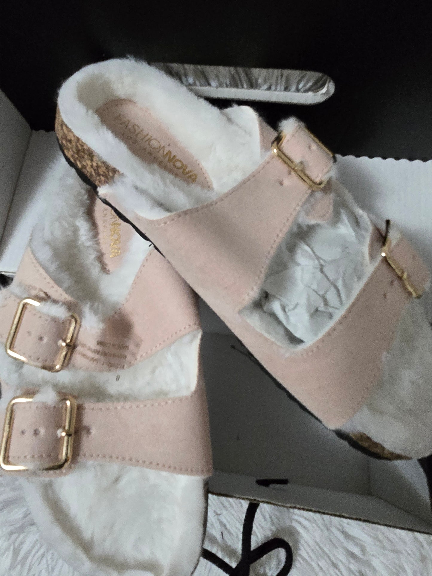 Fashion Nova Women's Faux Fur Double Buckle Slide Sandals – Pink/Blue– Size 8