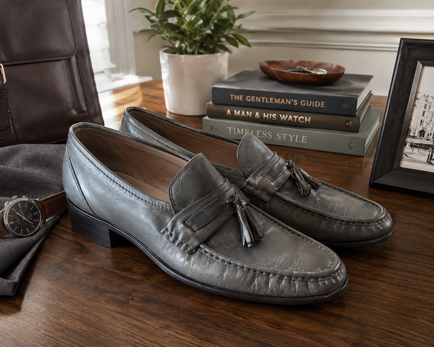 Stafford Men’s 9M Gray Leather Tassel Loafers Made in USA Vintage Dress Shoes